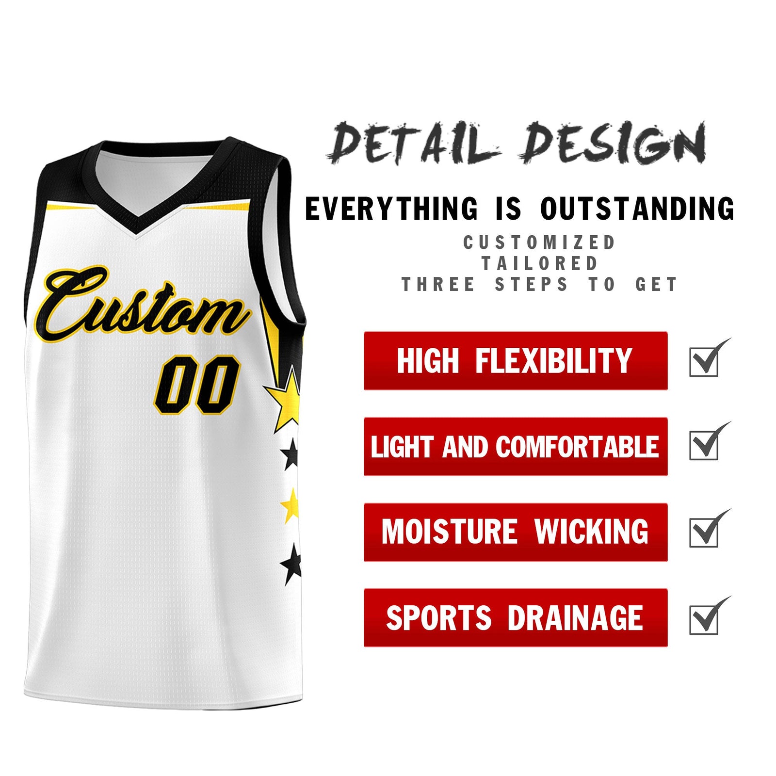 Custom Youth Basketball Uniform White Black Two Tone Side Star Color Block Team Jersey
