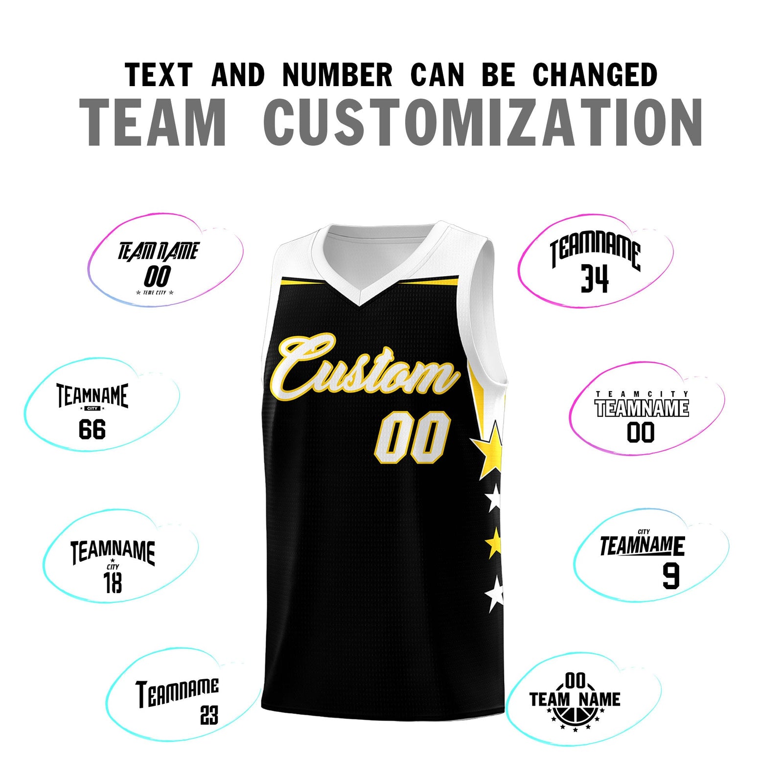 Custom Youth Basketball Uniform Black White Two Tone Side Star Add Name Number & Logo