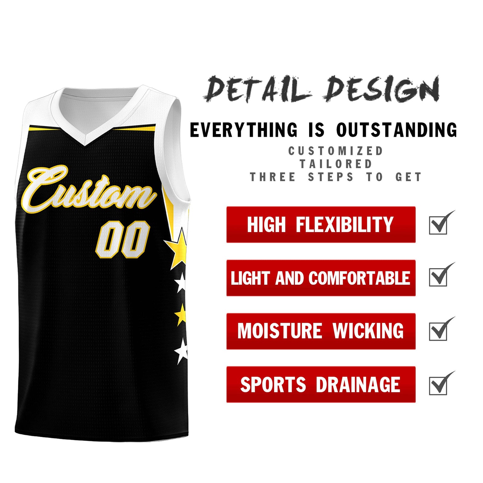 Custom Youth Basketball Uniform Black White Two Tone Side Star Add Name Number & Logo