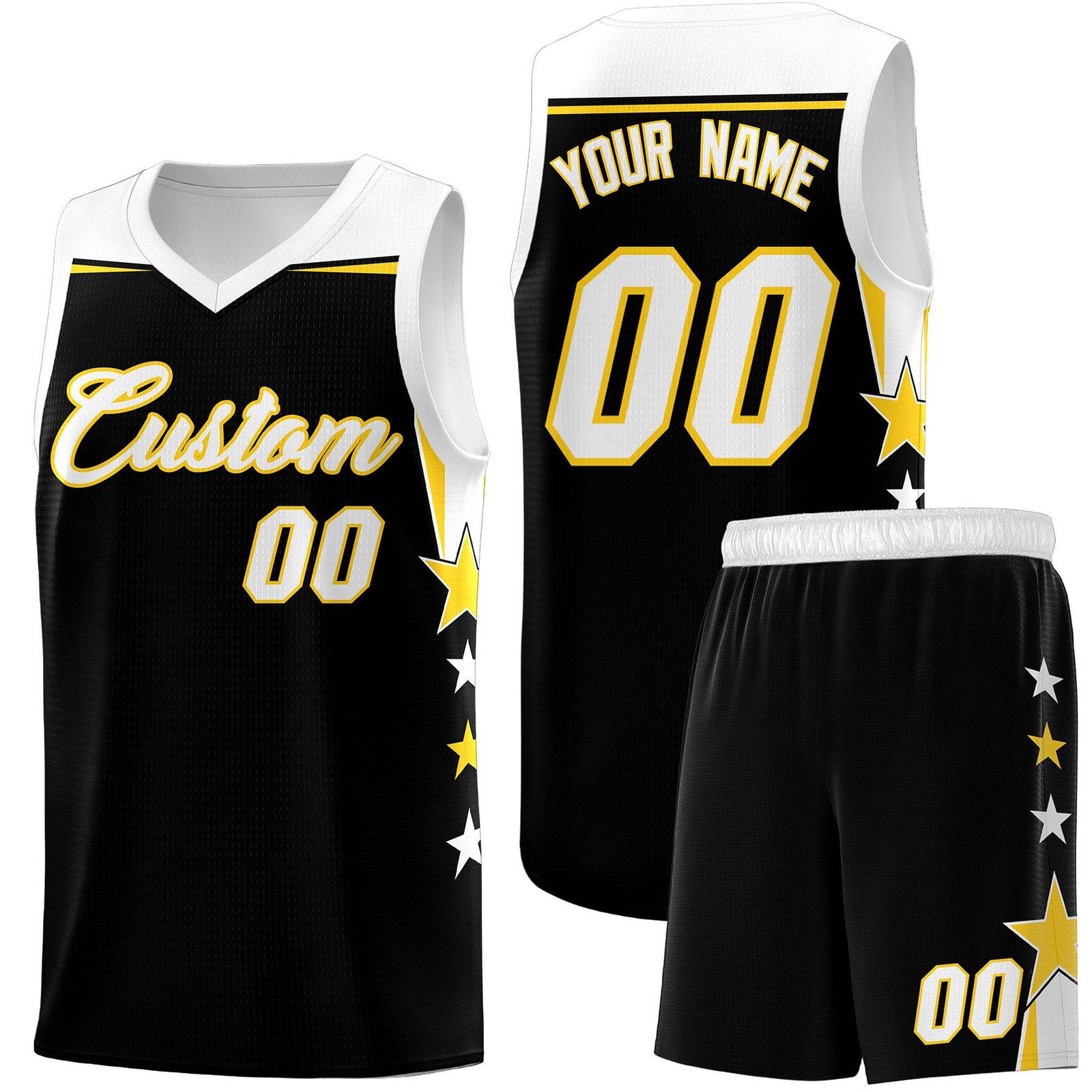 Custom Youth Basketball Uniform Black White Two Tone Side Star Add Name Number & Logo