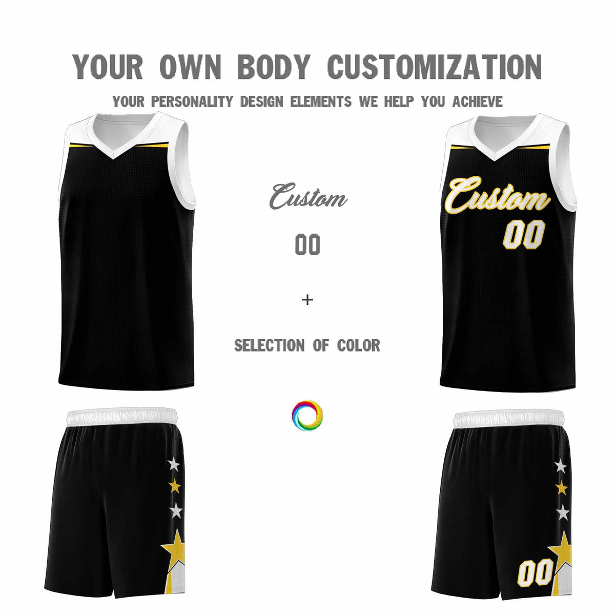 Custom Youth Basketball Uniform Black White Two Tone Side Star Add Name Number &amp; Logo
