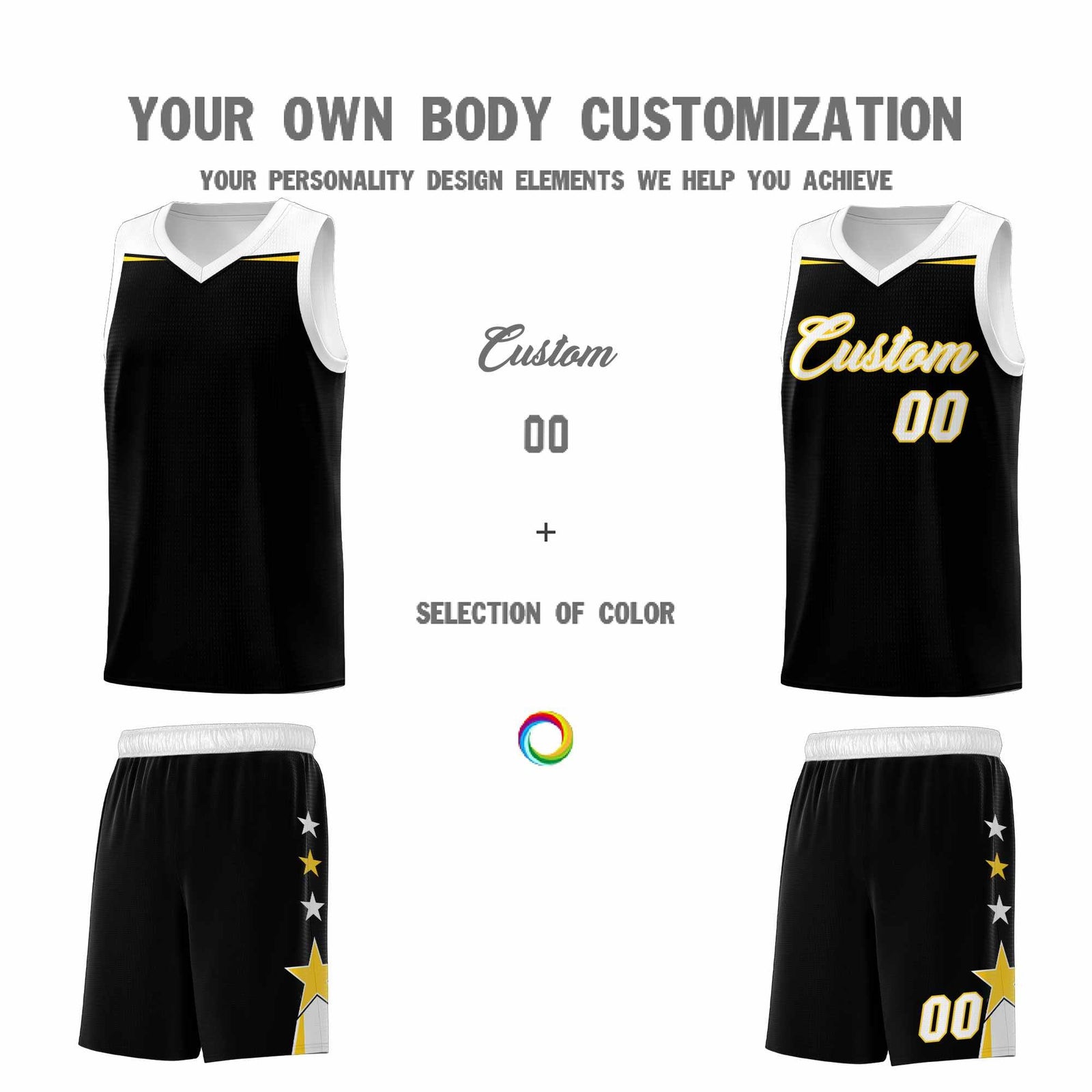 Custom Youth Basketball Uniform Black White Two Tone Side Star Add Name Number & Logo