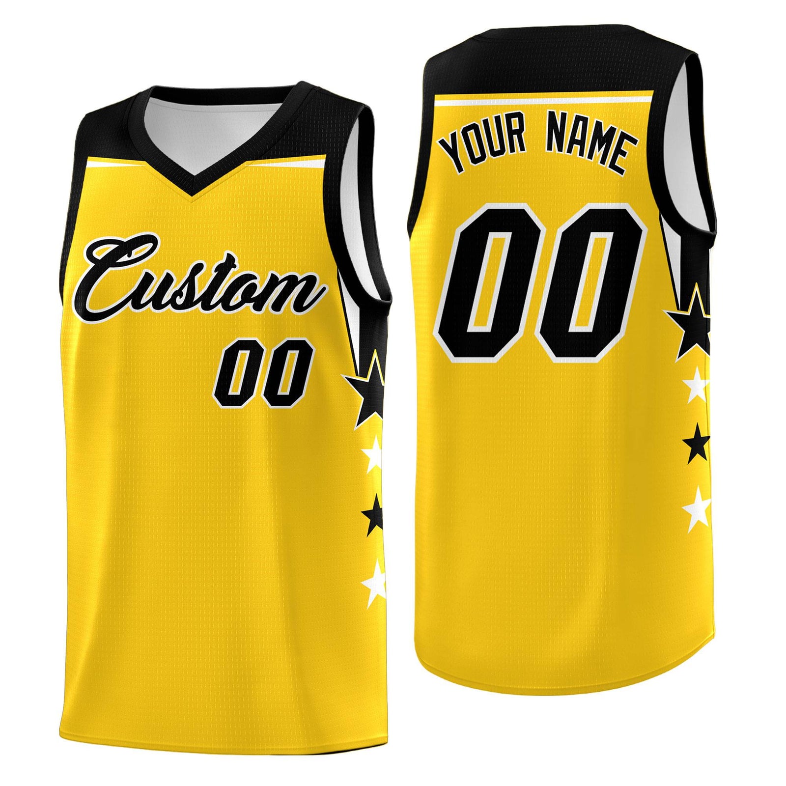Custom Youth Basketball Uniform Gold Black Two Tone Side Star Personalized Team Jersey