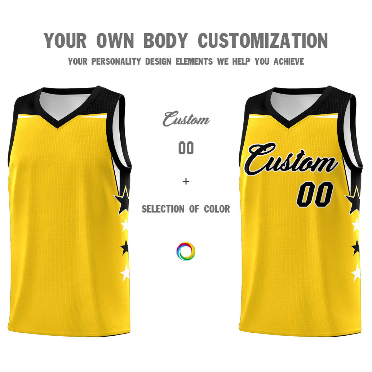 Custom Youth Basketball Uniform Gold Black Two Tone Side Star Personalized Team Jersey
