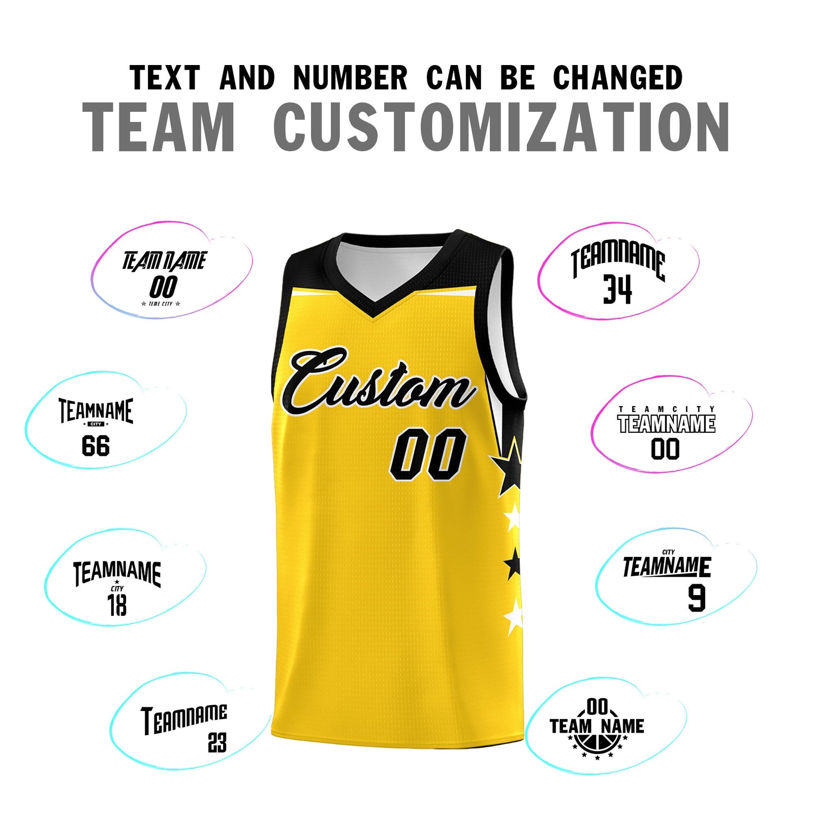 Custom Youth Basketball Uniform Gold Black Two Tone Side Star Personalized Team Jersey