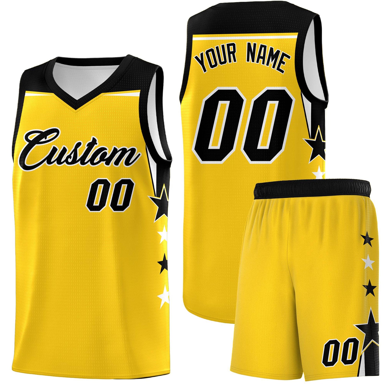 Custom Youth Basketball Uniform Gold Black Two Tone Side Star Personalized Team Jersey