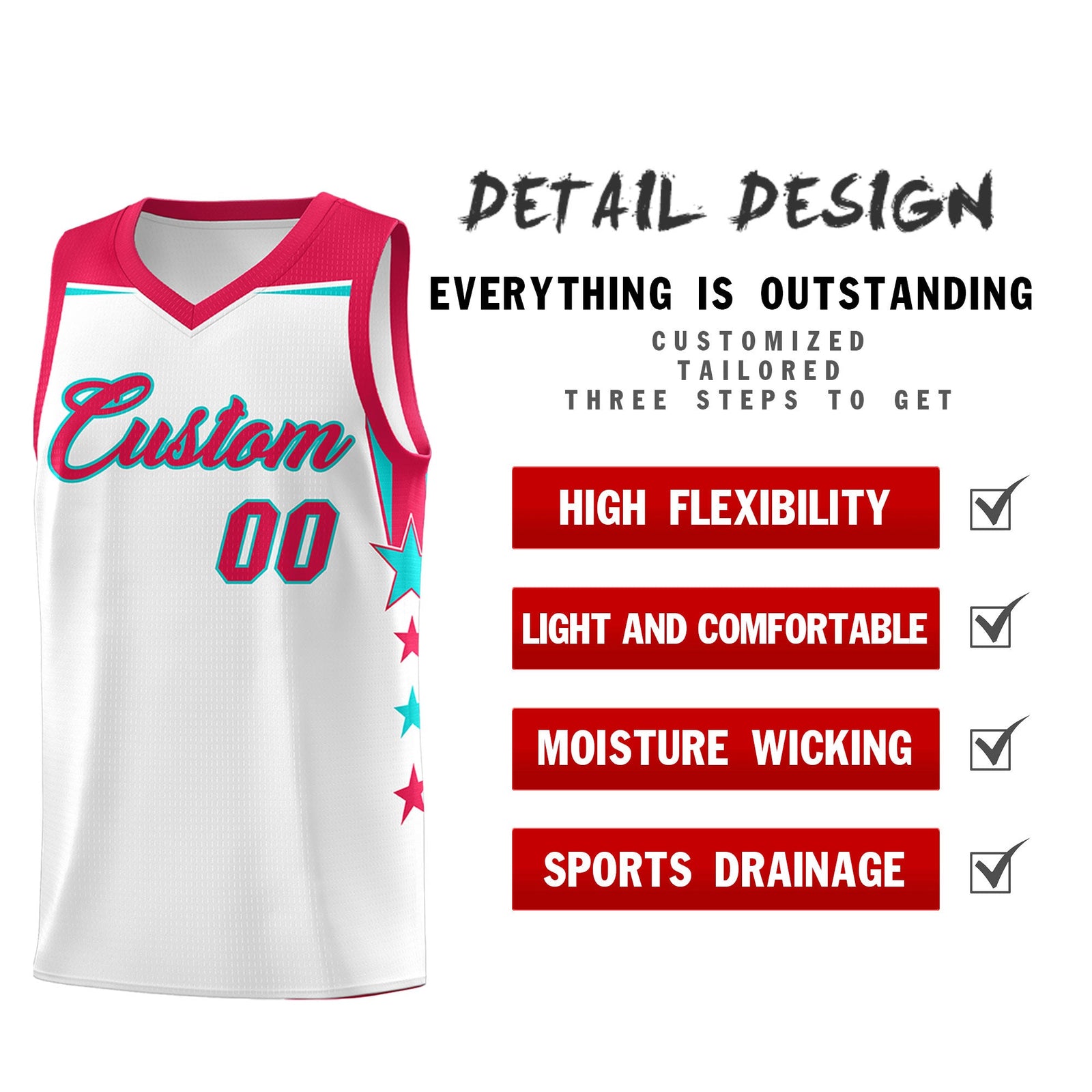 Custom Youth Basketball Uniform White Red Two Tone Side Star Color Block Team Jersey