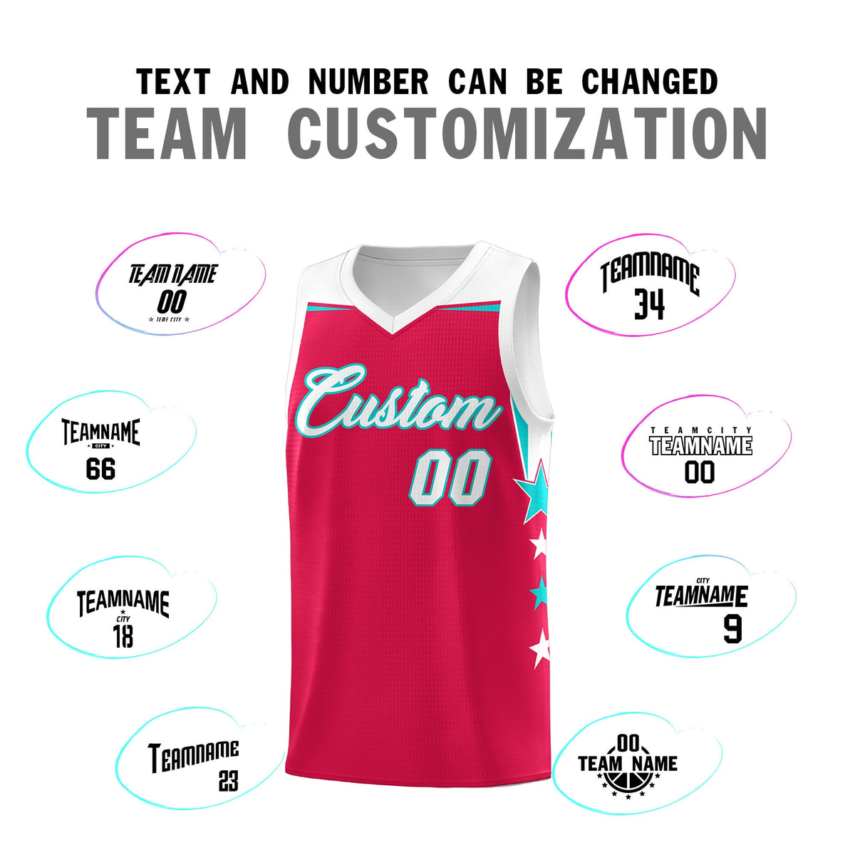Custom Youth Basketball Uniform Red White Two Tone Side Star Add Name Number &amp; Logo
