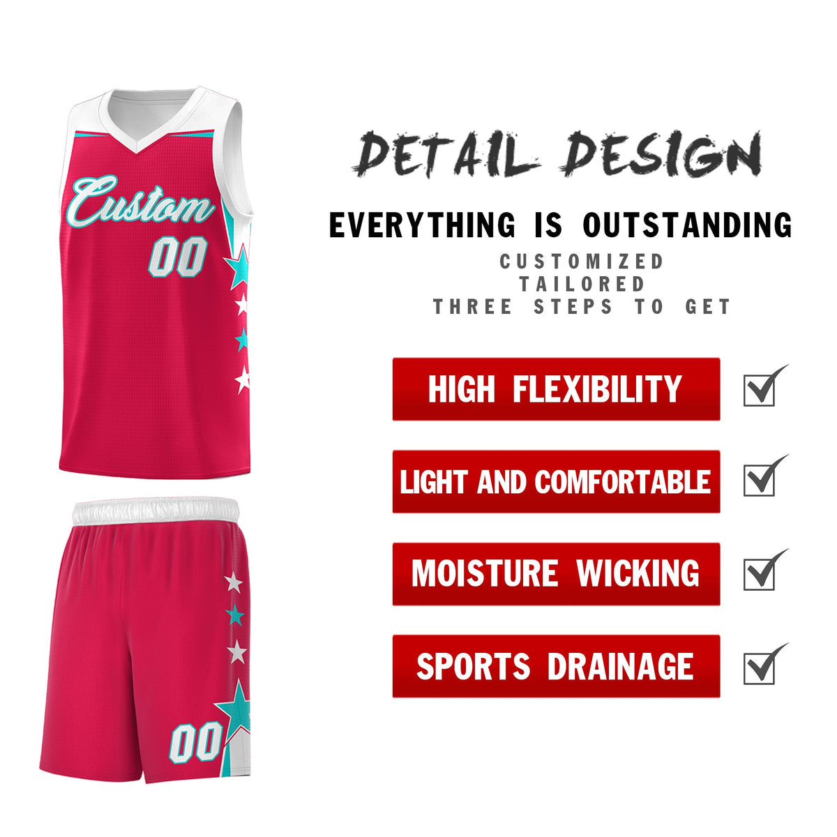 Custom Youth Basketball Uniform Red White Two Tone Side Star Add Name Number &amp; Logo