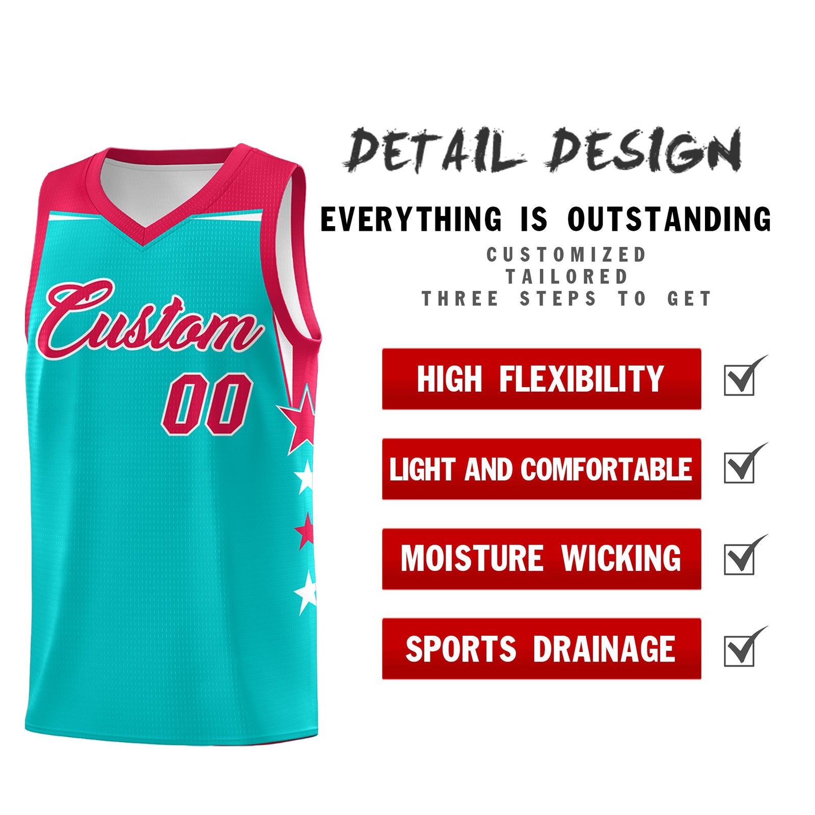 Custom Youth Basketball Uniform Aqua Red Two Tone Side Star Personalized Team Jersey