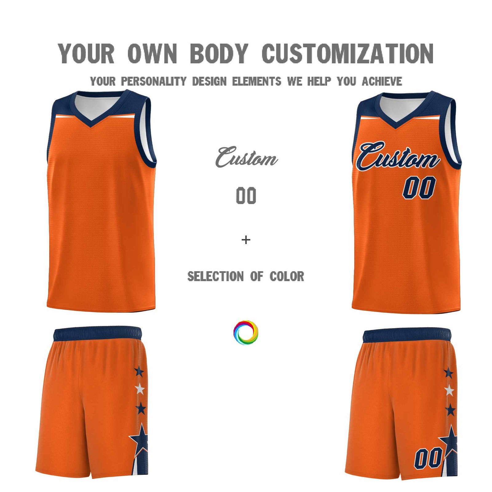 Custom Youth Basketball Uniform Orange Navy Two Tone Side Star Personalized Team Jersey