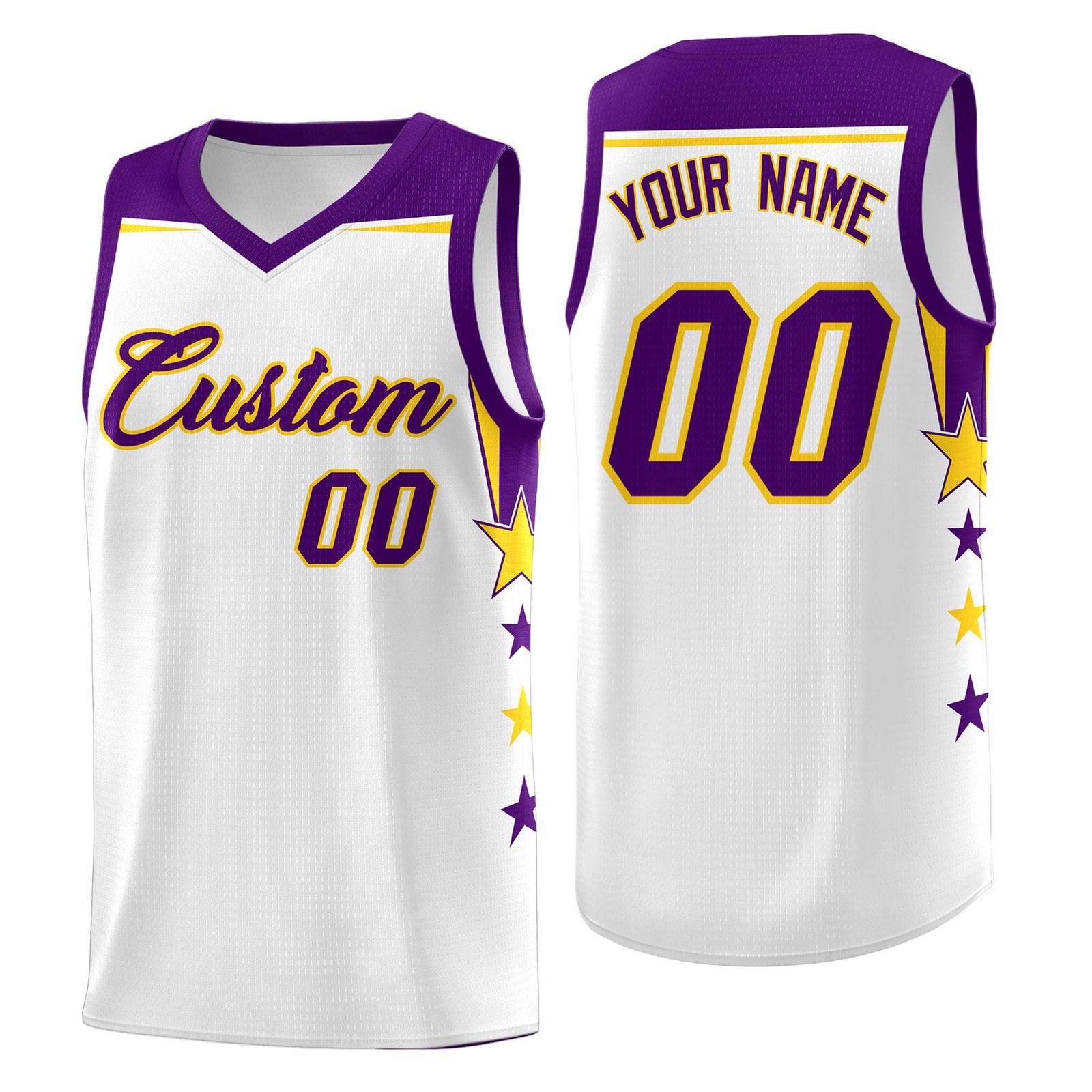 Custom Youth Basketball Uniform White Purple Two Tone Side Star Color Block Team Jersey