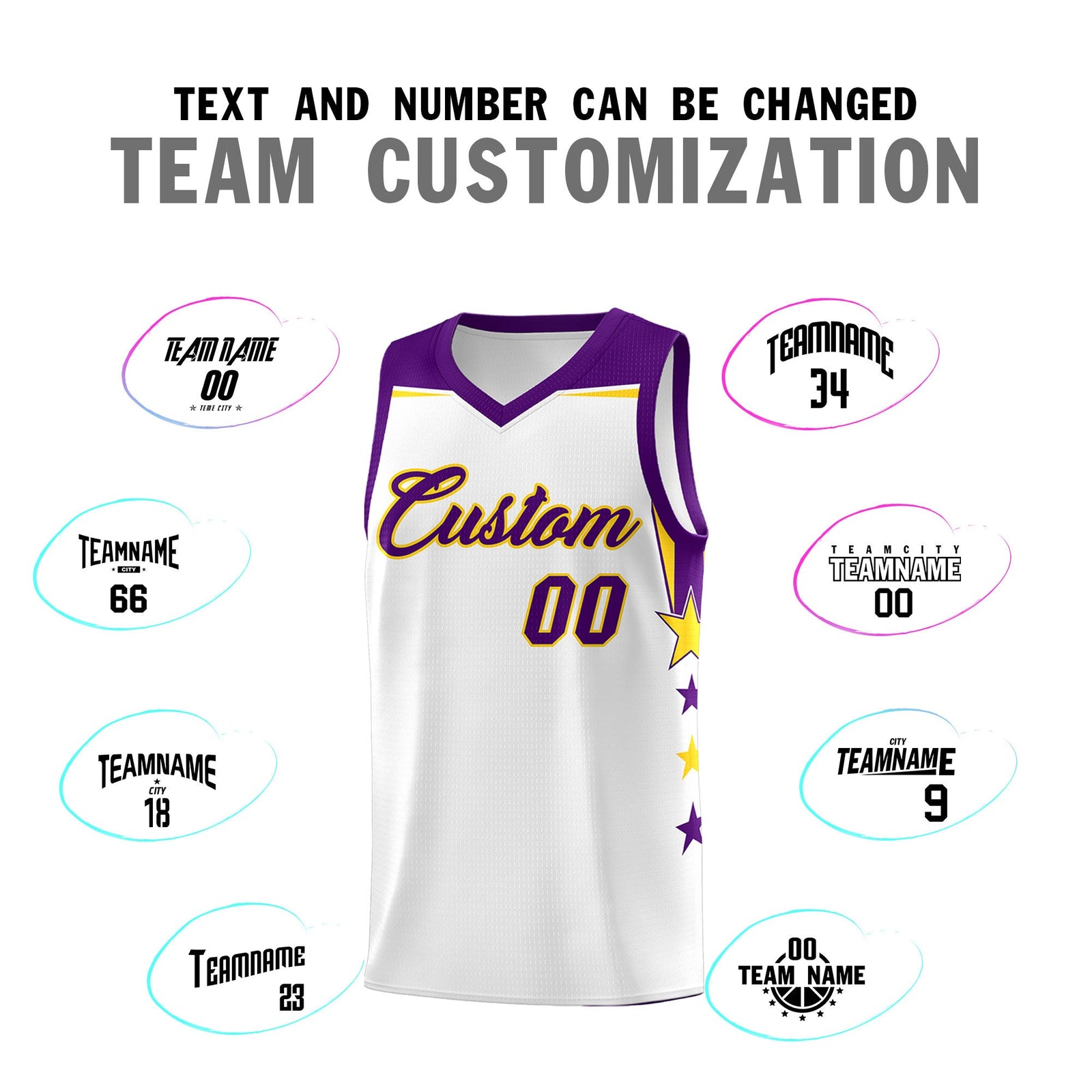 Custom Youth Basketball Uniform White Purple Two Tone Side Star Color Block Team Jersey