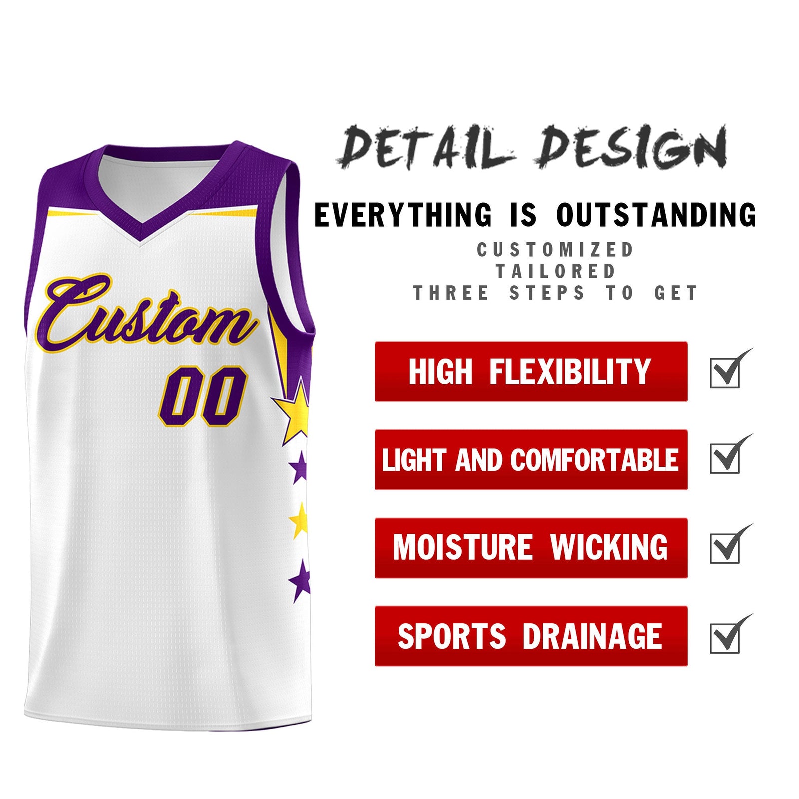 Custom Youth Basketball Uniform White Purple Two Tone Side Star Color Block Team Jersey