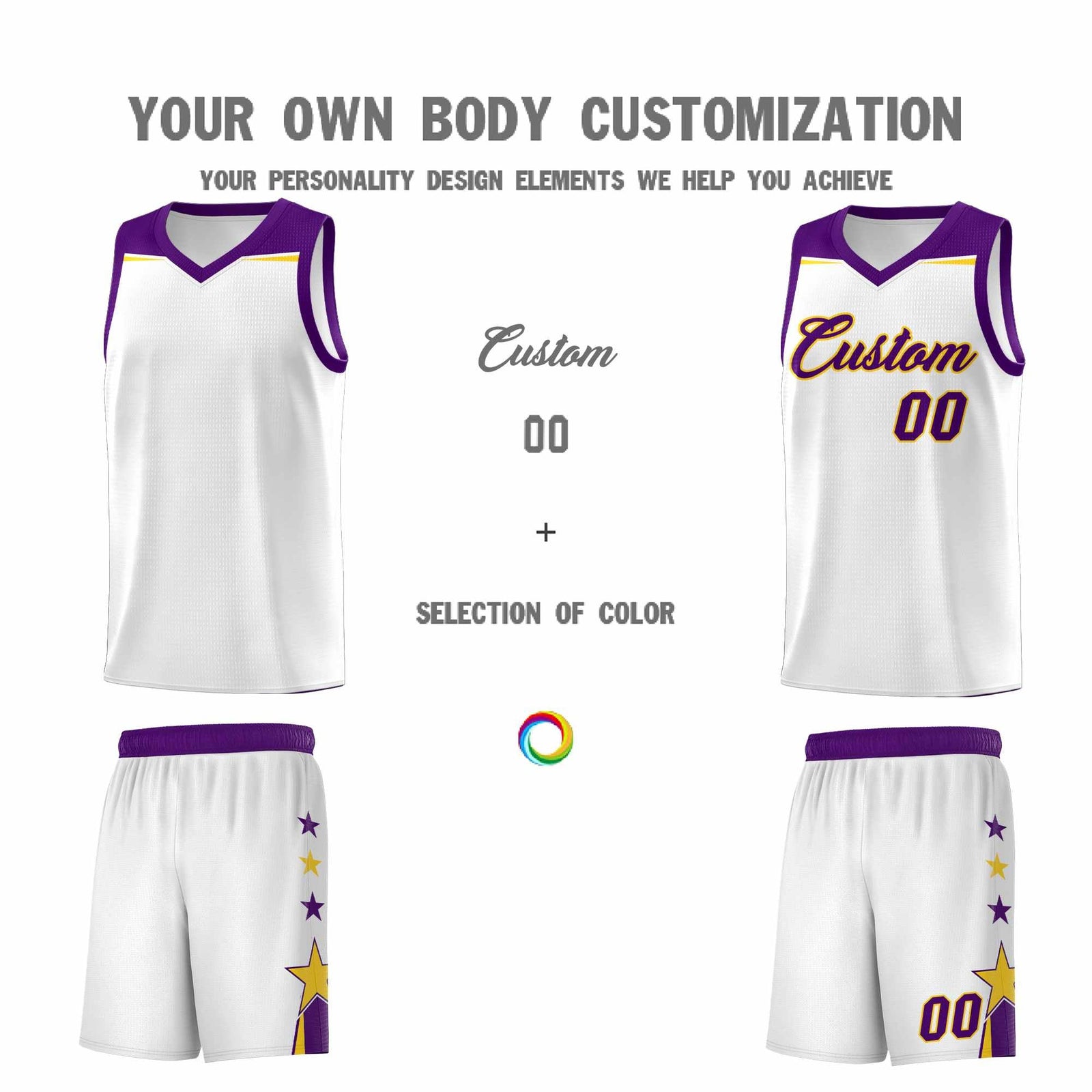 Custom Youth Basketball Uniform White Purple Two Tone Side Star Color Block Team Jersey