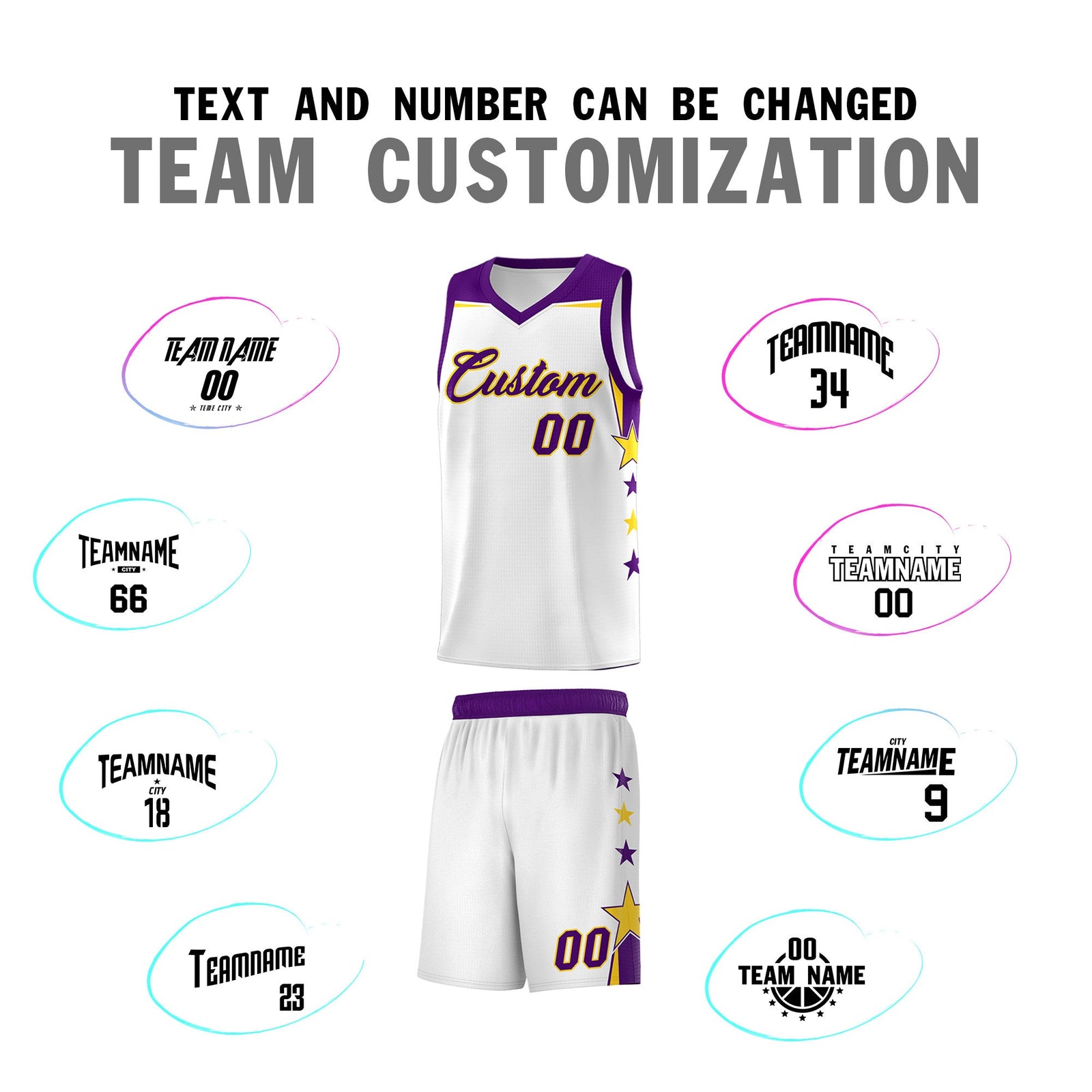 Custom Youth Basketball Uniform White Purple Two Tone Side Star Color Block Team Jersey