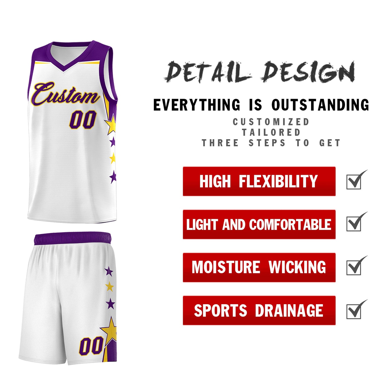 Custom Youth Basketball Uniform White Purple Two Tone Side Star Color Block Team Jersey