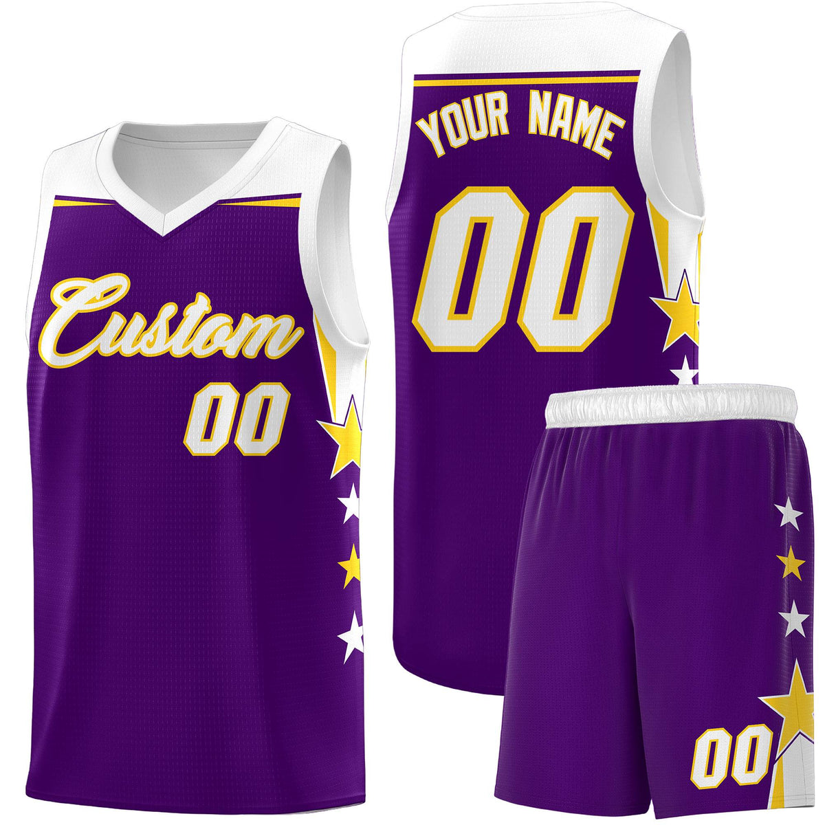 Custom Youth Basketball Uniform Purple White Two Tone Side Star Add Name Number &amp; Logo