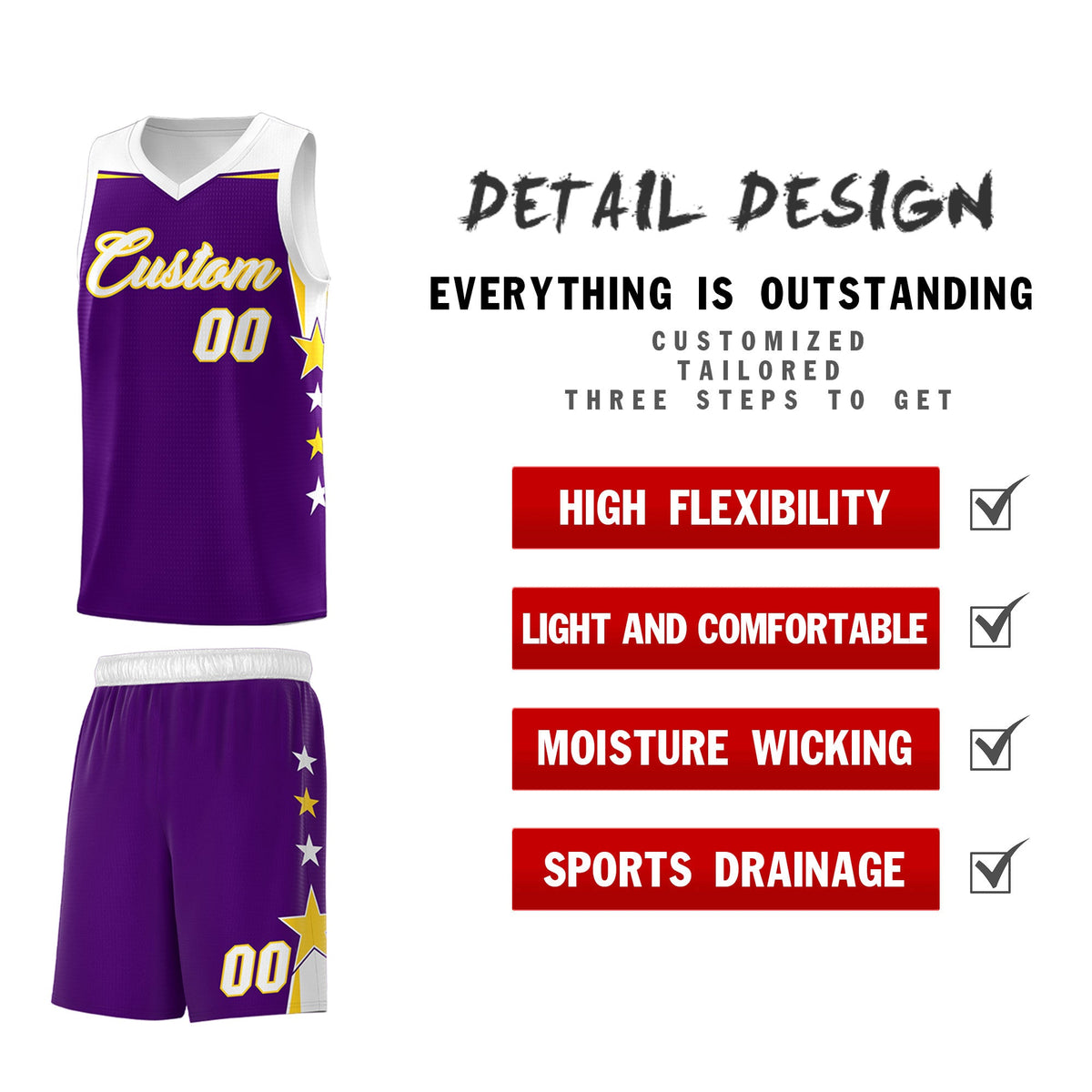 Custom Youth Basketball Uniform Purple White Two Tone Side Star Add Name Number &amp; Logo