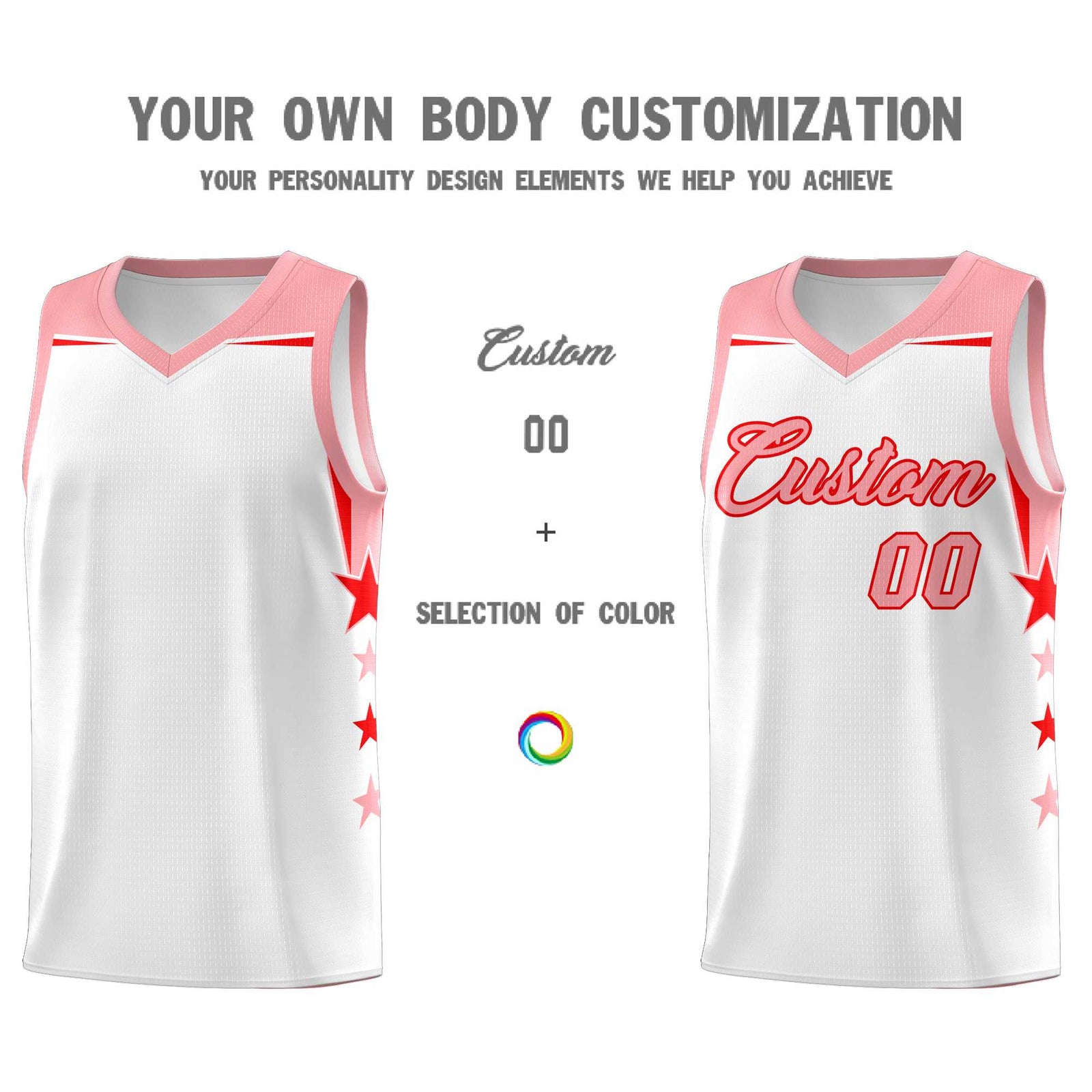 Custom Youth Basketball Uniform White Light Pink Two Tone Side Star Color Block Team Jersey