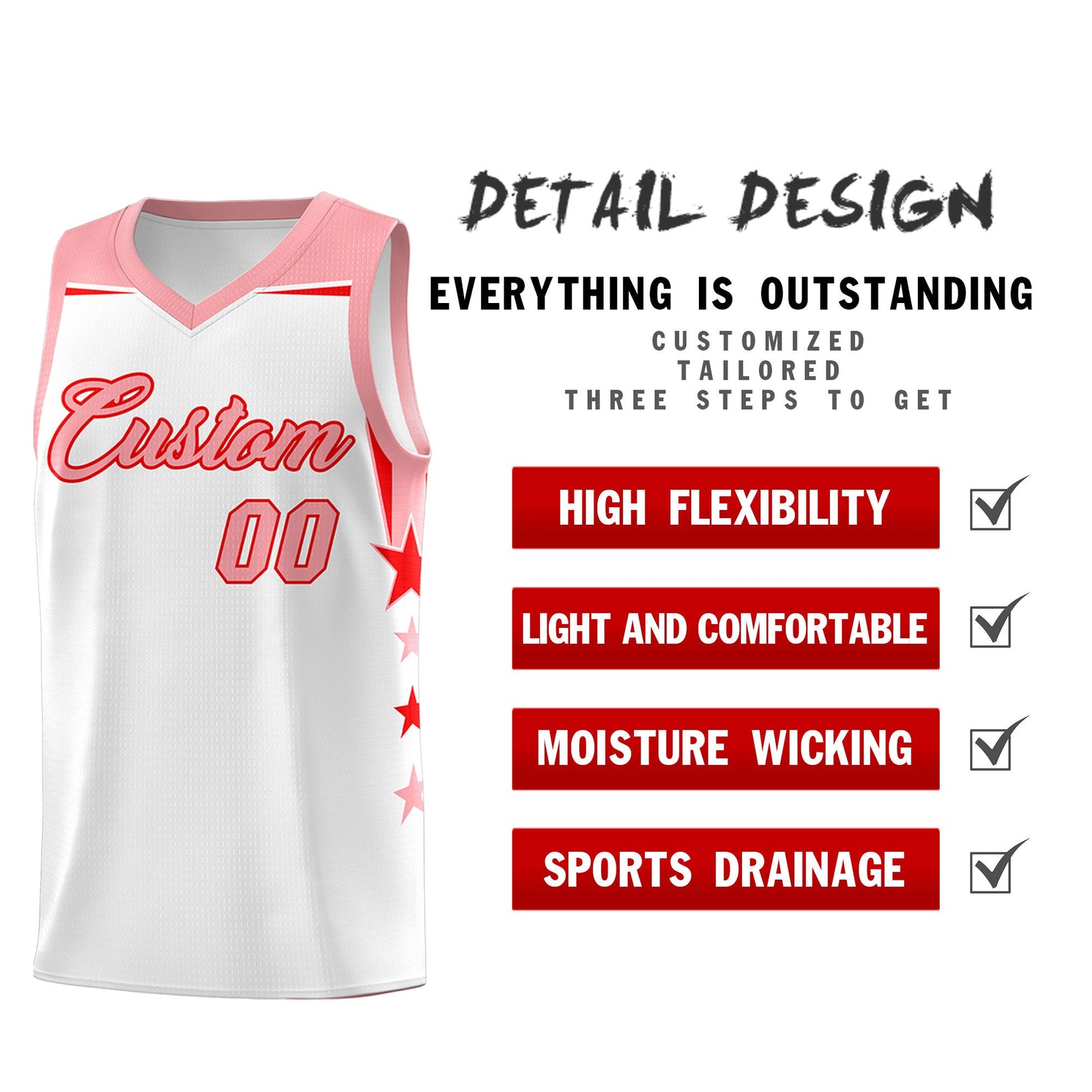 Custom Youth Basketball Uniform White Light Pink Two Tone Side Star Color Block Team Jersey