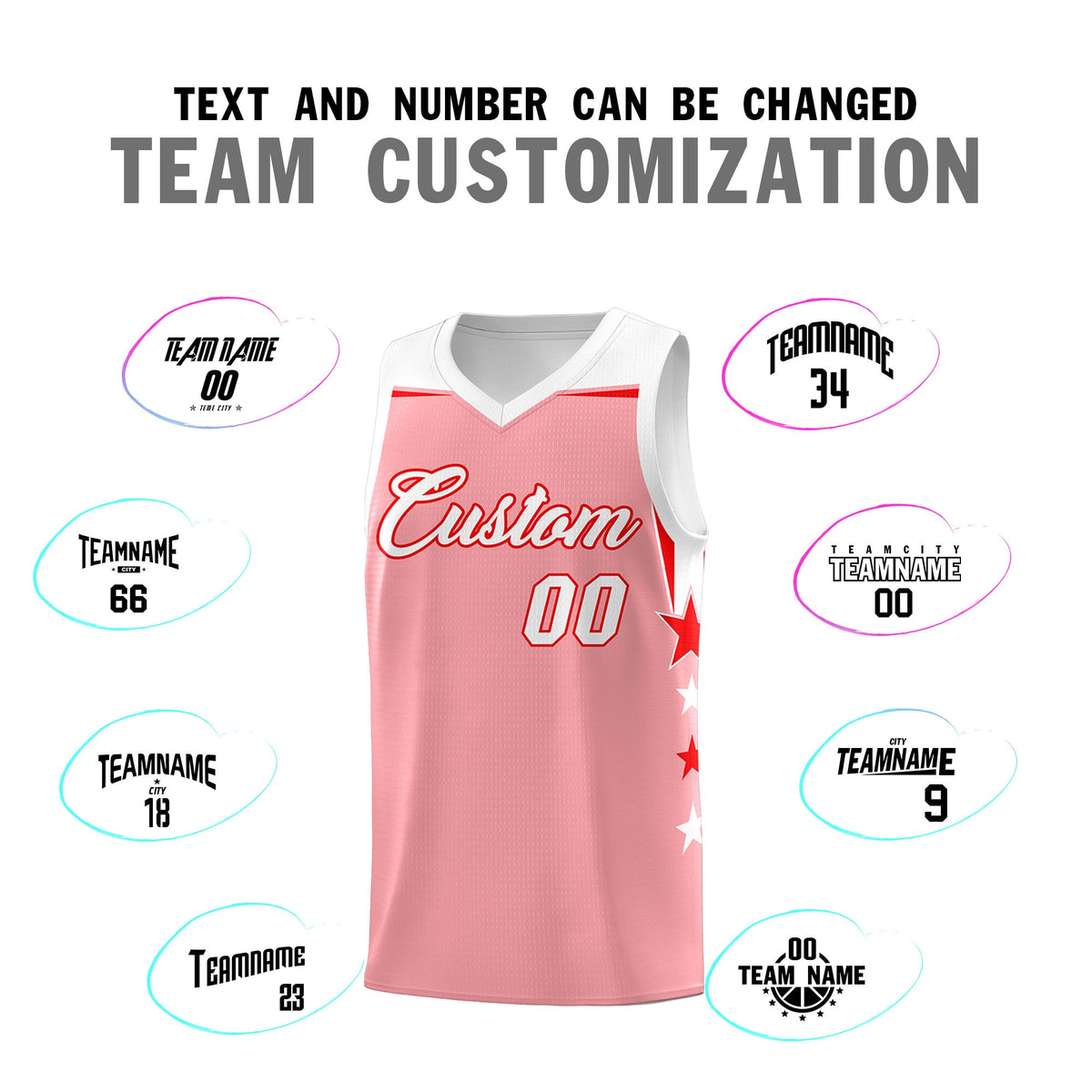 Custom Youth Basketball Uniform Light Pink White Two Tone Side Star Add Name Number &amp; Logo