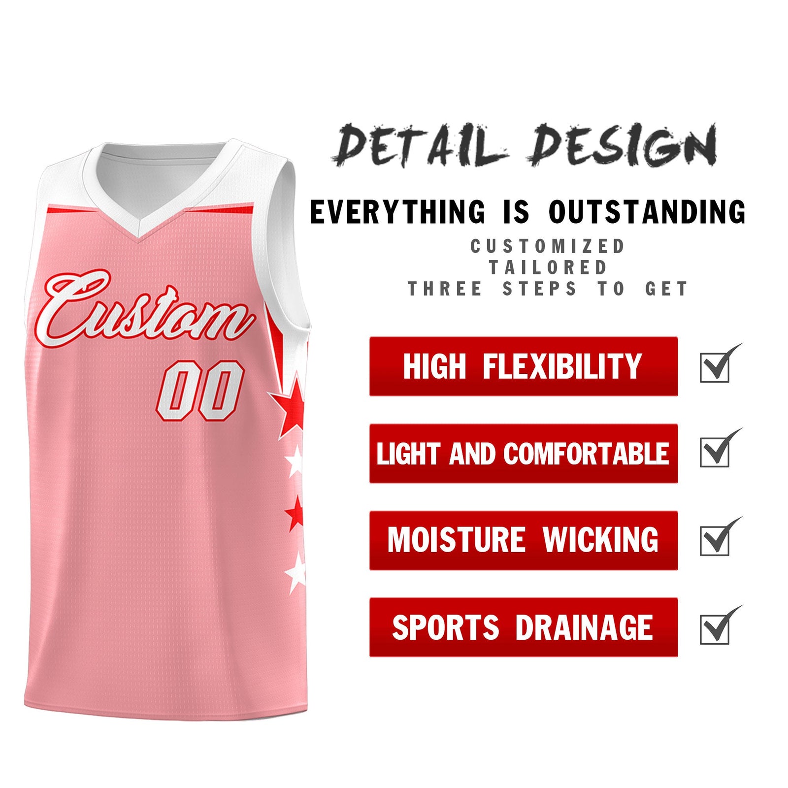 Custom Youth Basketball Uniform Light Pink White Two Tone Side Star Add Name Number & Logo