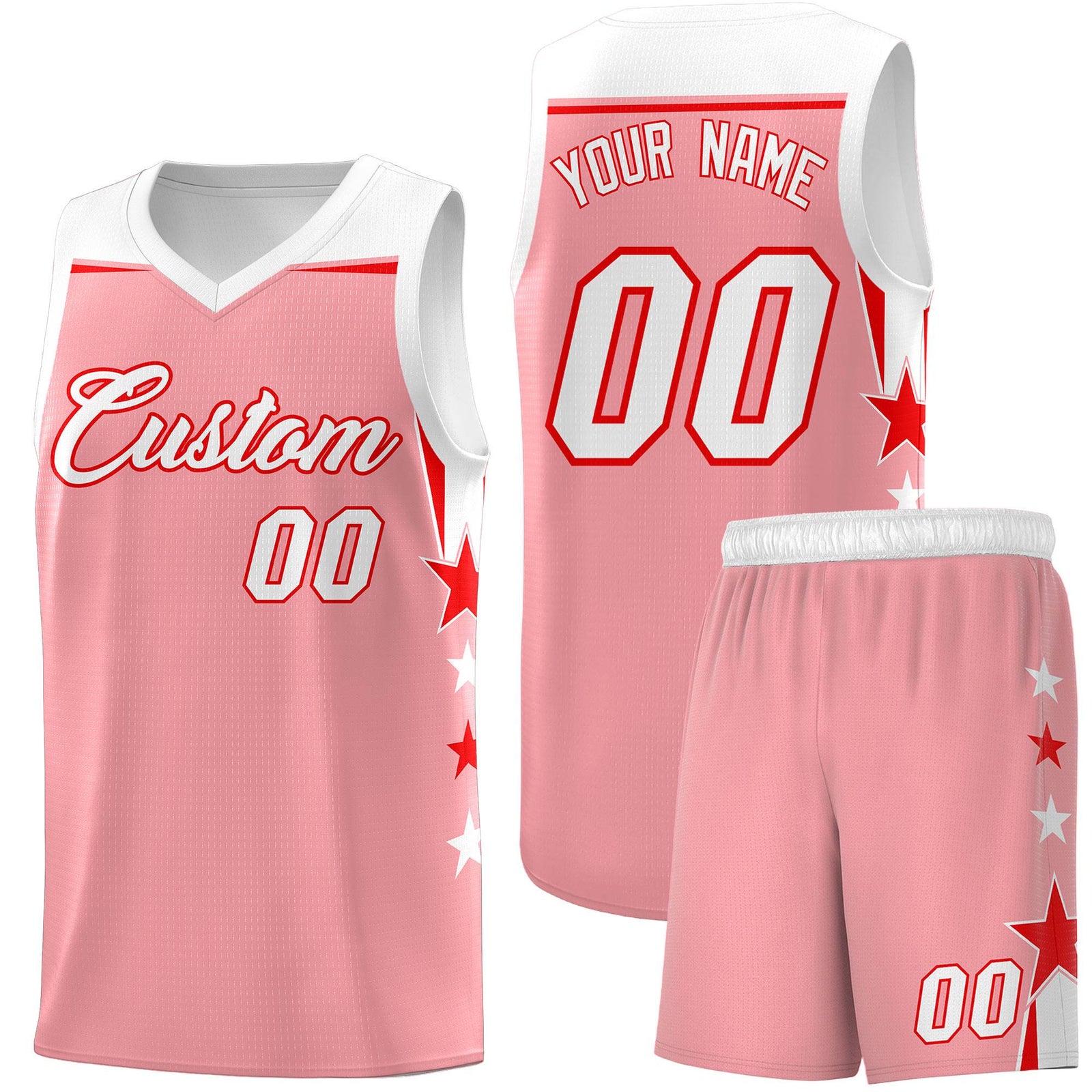 Custom Youth Basketball Uniform Light Pink White Two Tone Side Star Add Name Number & Logo