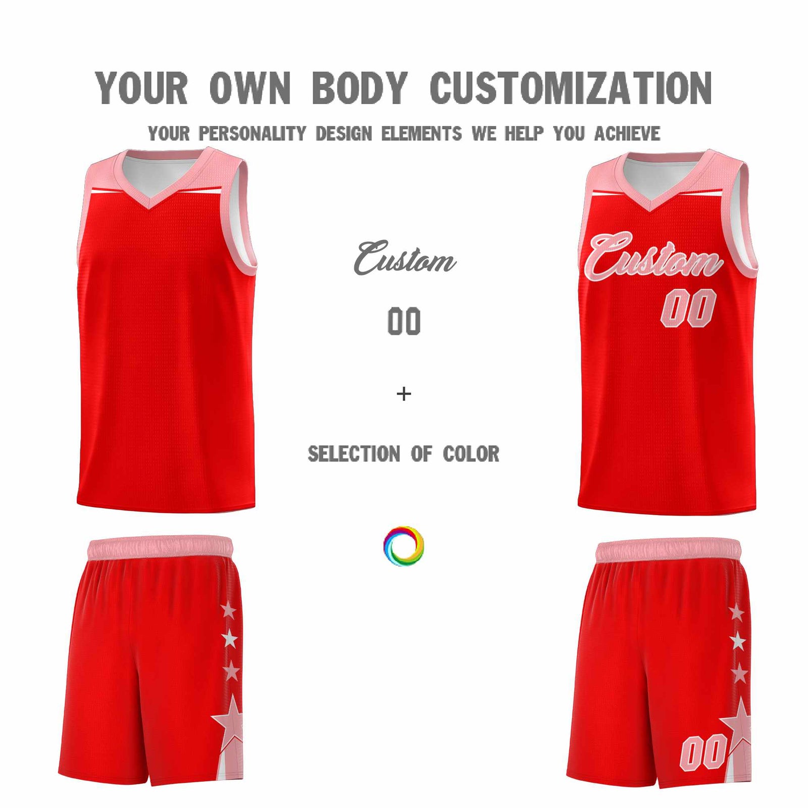 Custom Youth Basketball Uniform Light Red Light Pink Two Tone Side Star Personalized Team Jersey