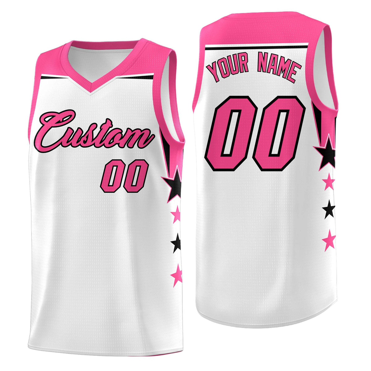 Custom Youth Basketball Uniform White Pink Two Tone Side Star Color Block Team Jersey
