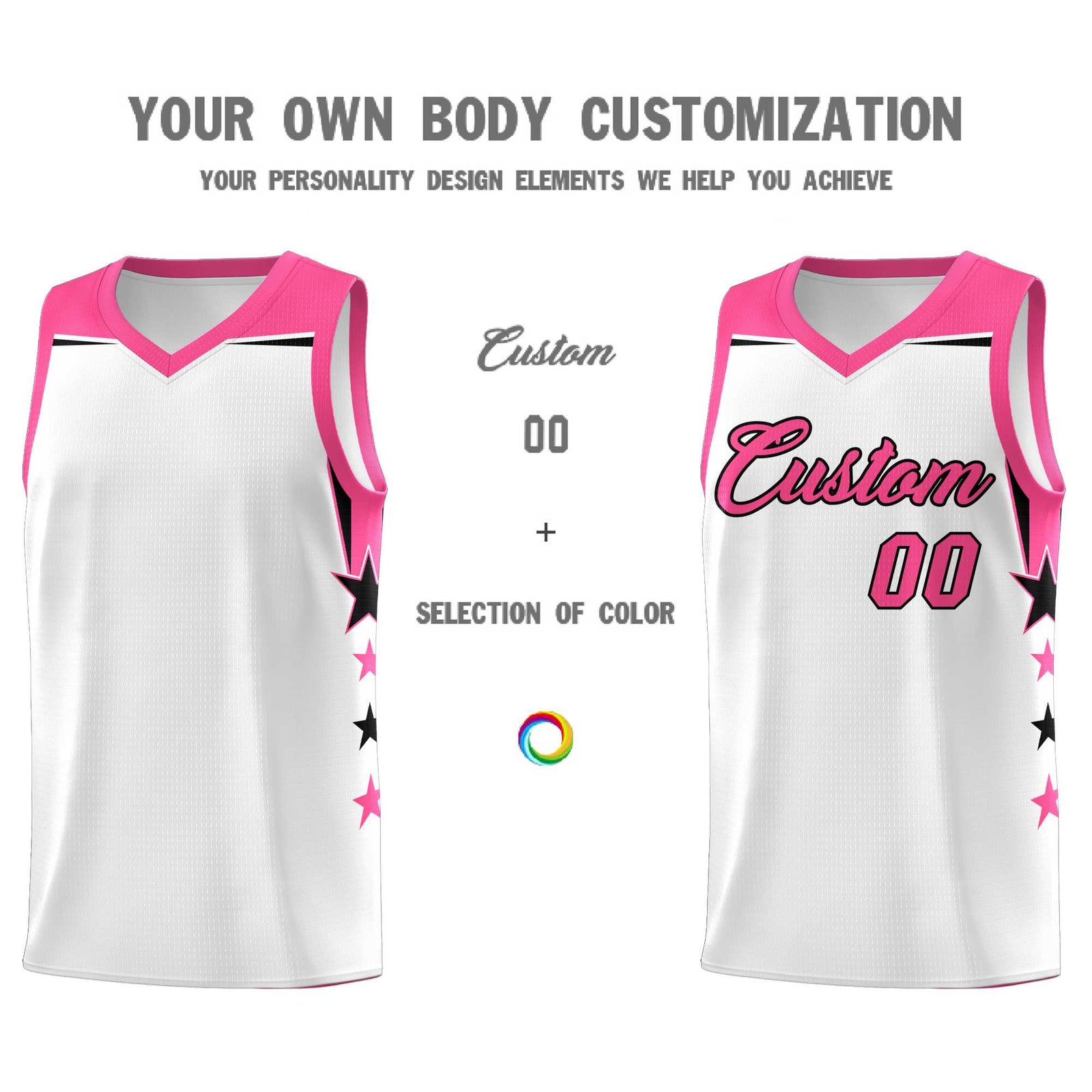 Custom Youth Basketball Uniform White Pink Two Tone Side Star Color Block Team Jersey