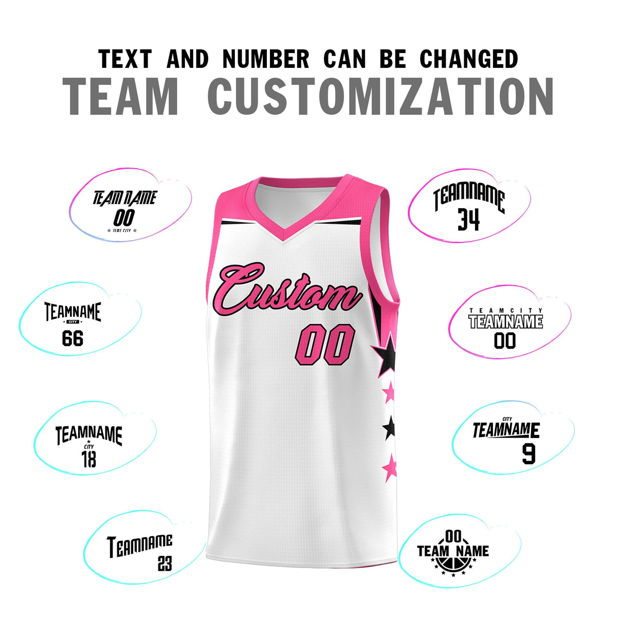 Custom Youth Basketball Uniform White Pink Two Tone Side Star Color Block Team Jersey