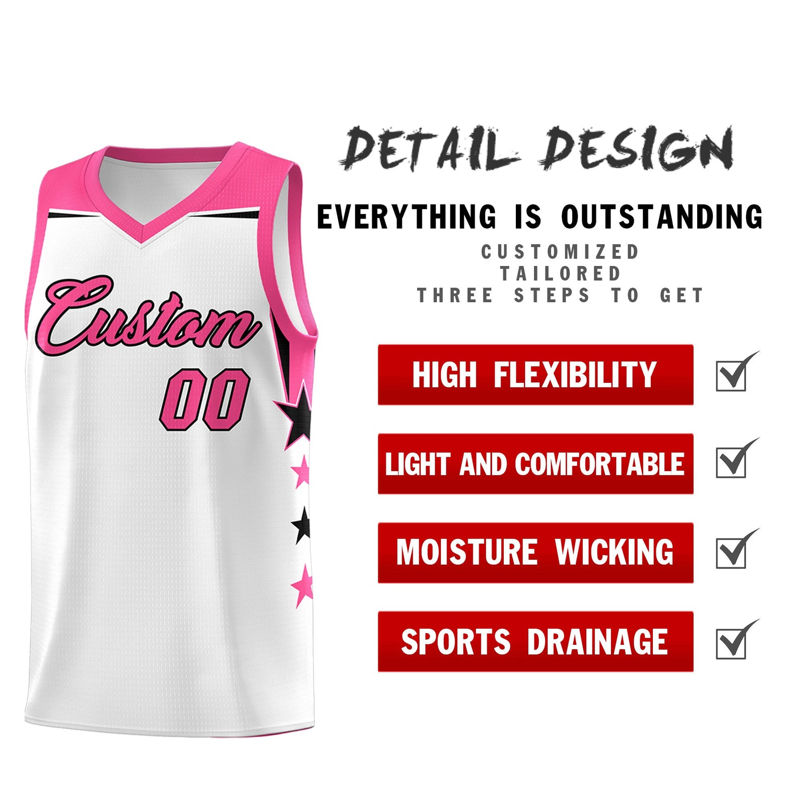 Custom Youth Basketball Uniform White Pink Two Tone Side Star Color Block Team Jersey