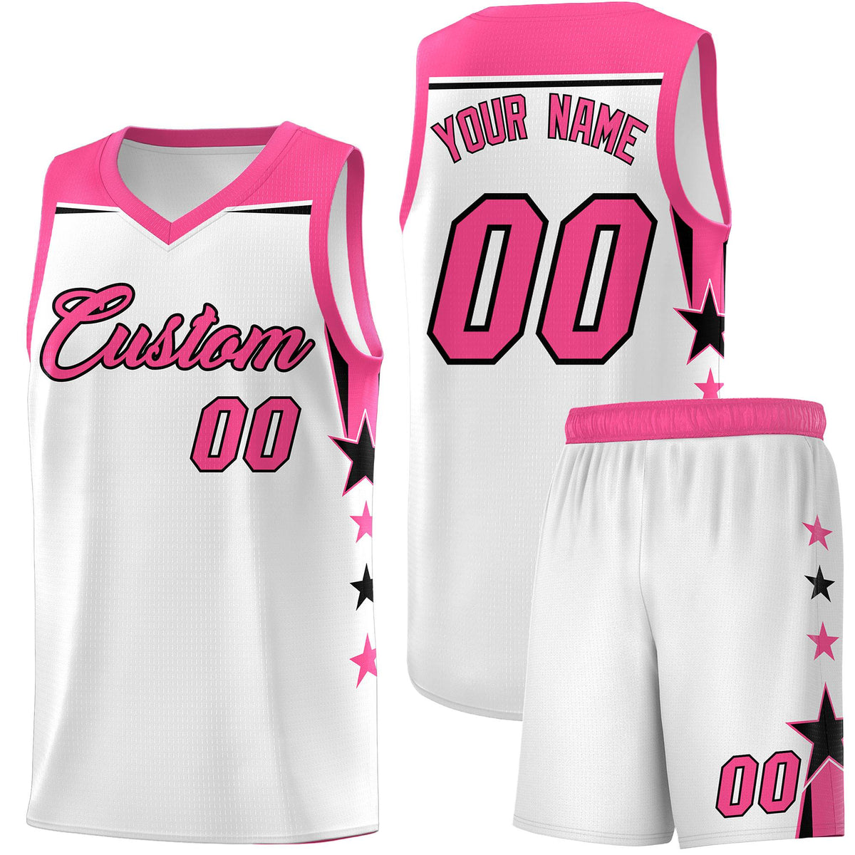 Custom Youth Basketball Uniform White Pink Two Tone Side Star Color Block Team Jersey