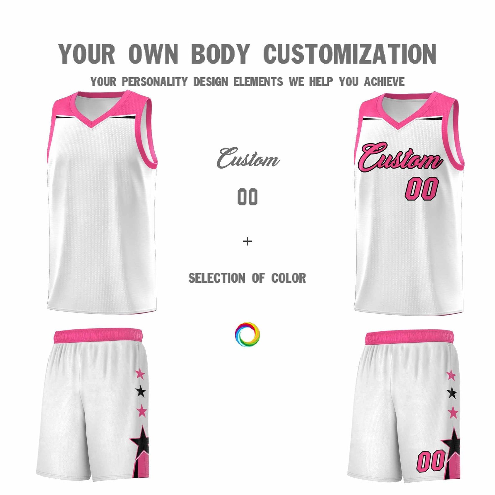 Custom Youth Basketball Uniform White Pink Two Tone Side Star Color Block Team Jersey