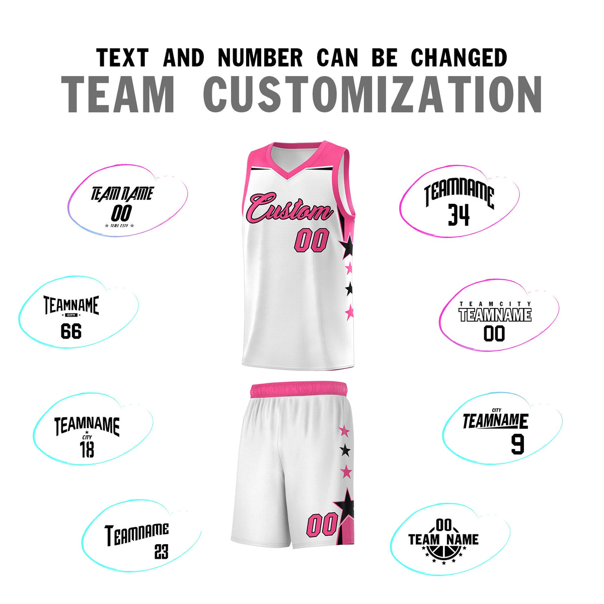 Custom Youth Basketball Uniform White Pink Two Tone Side Star Color Block Team Jersey