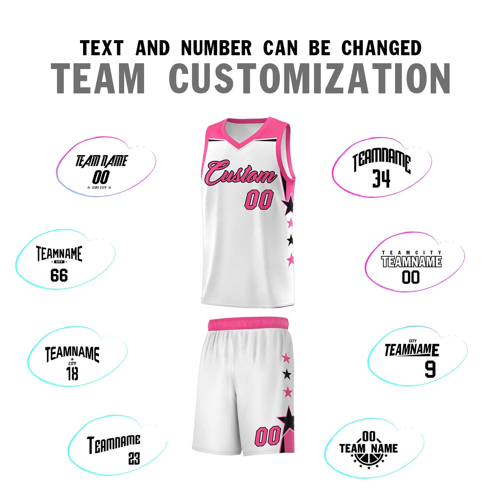 Custom Youth Basketball Uniform White Pink Two Tone Side Star Color Block Team Jersey