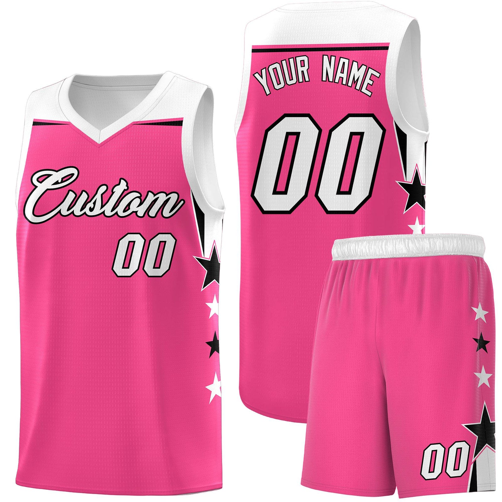 Custom Youth Basketball Uniform Pink White Two Tone Side Star Add Name Number & Logo