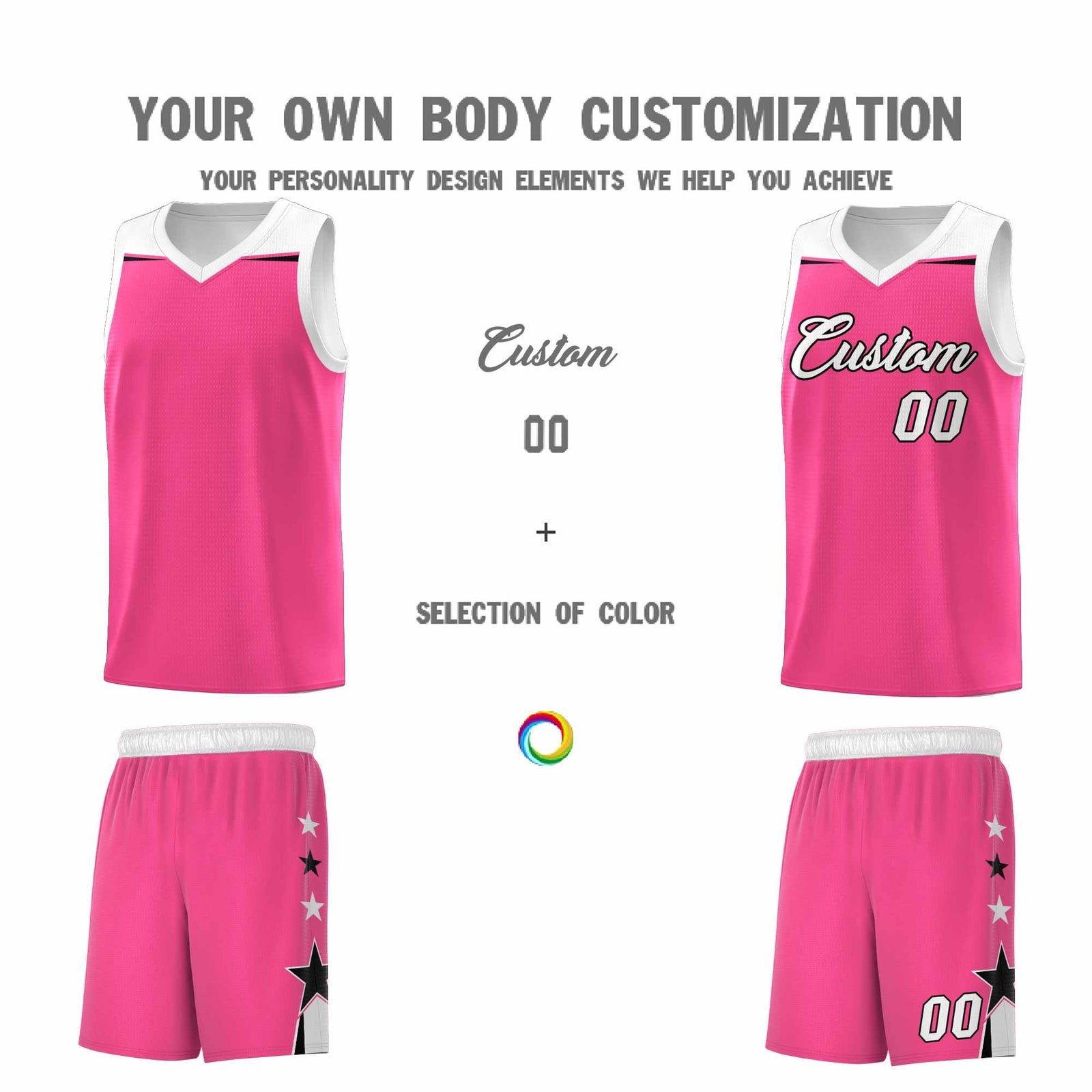 Custom Youth Basketball Uniform Pink White Two Tone Side Star Add Name Number & Logo