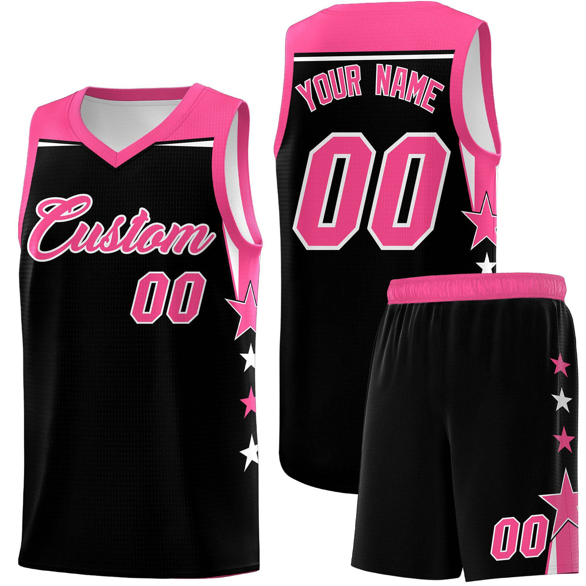 Custom Youth Basketball Uniform Black Pink Two Tone Side Star Personalized Team Jersey