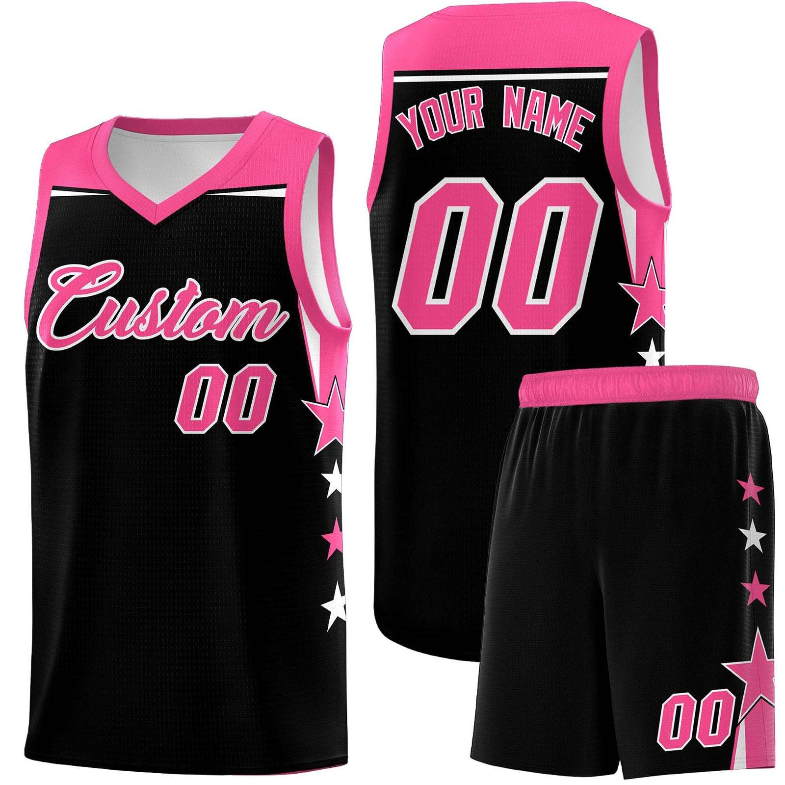 Custom Youth Basketball Uniform Black Pink Two Tone Side Star Personalized Team Jersey