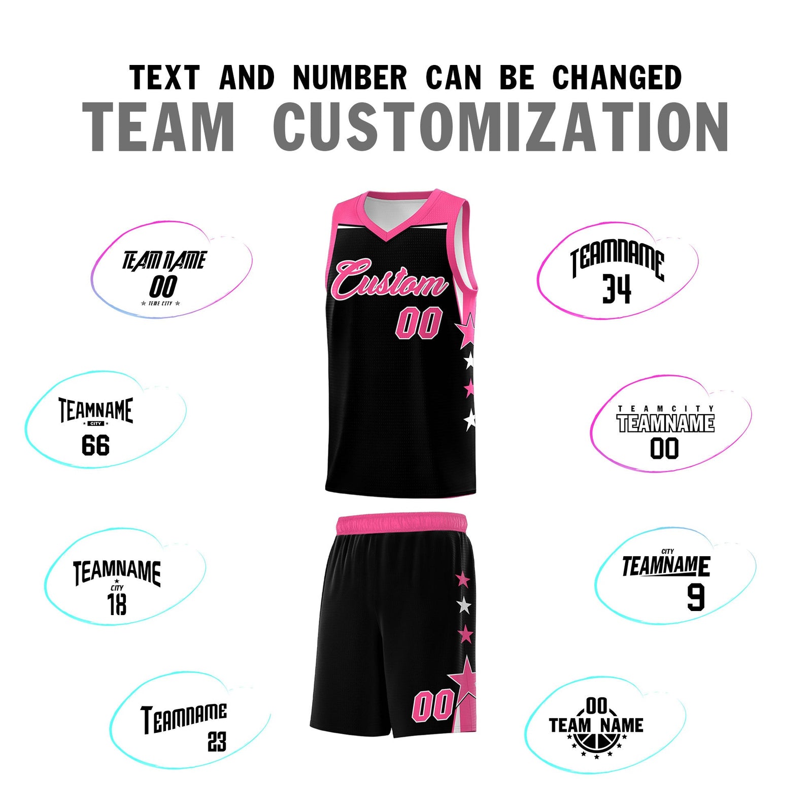 Custom Youth Basketball Uniform Black Pink Two Tone Side Star Personalized Team Jersey