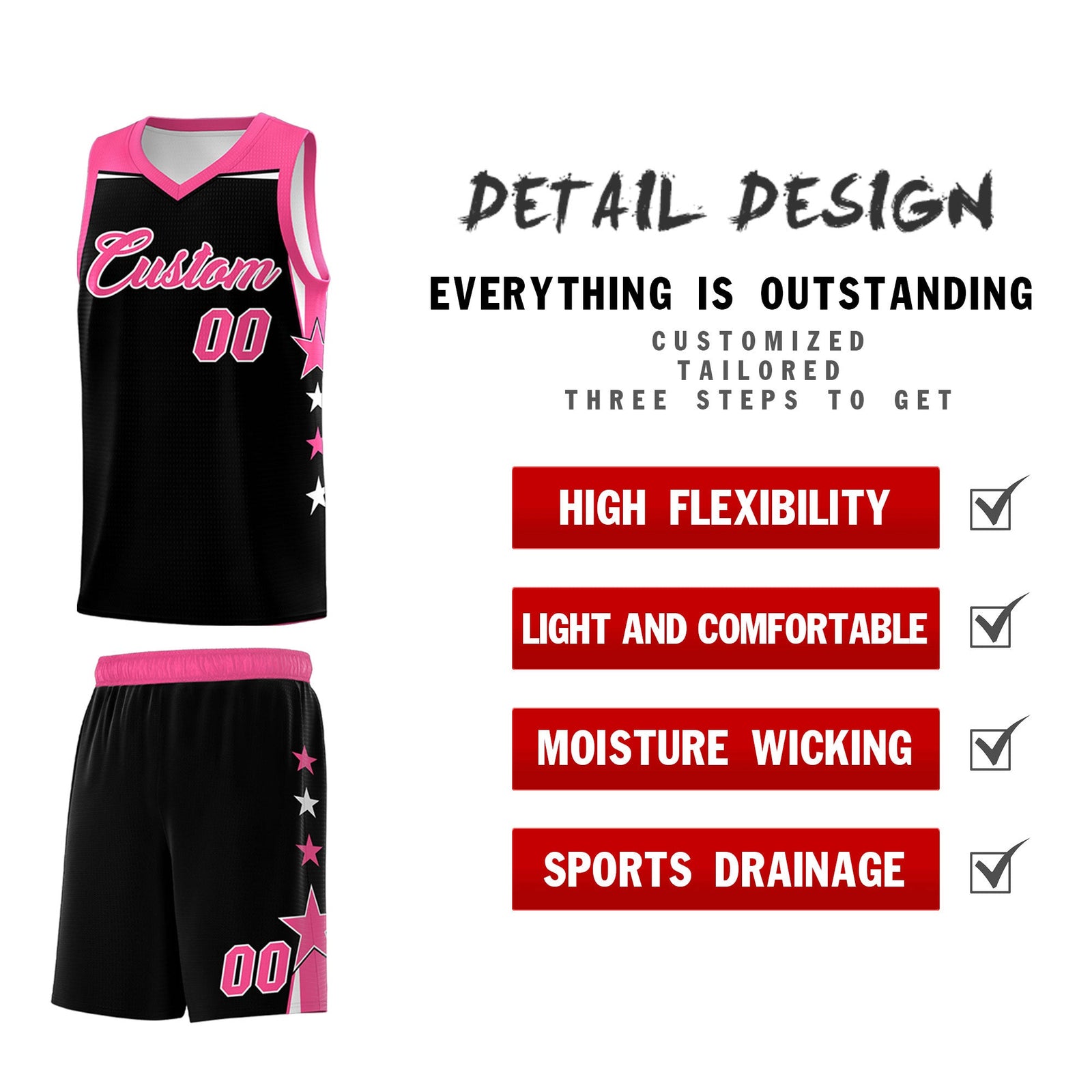Custom Youth Basketball Uniform Black Pink Two Tone Side Star Personalized Team Jersey