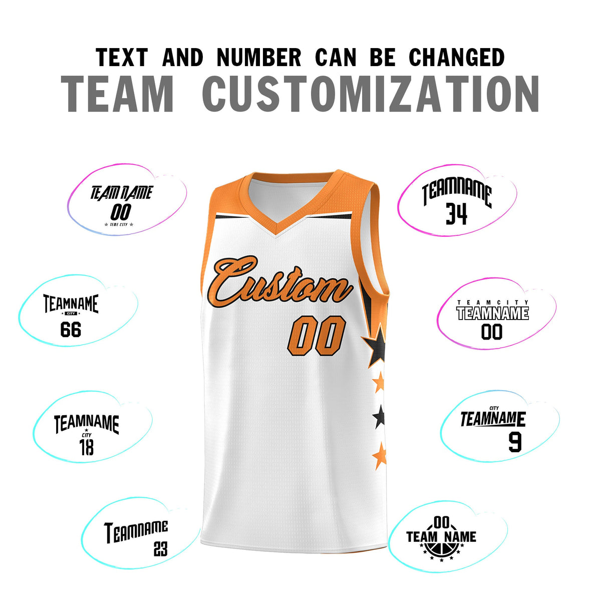 Custom Youth Basketball Uniform White Gold Orange Two Tone Side Star Color Block Team Jersey