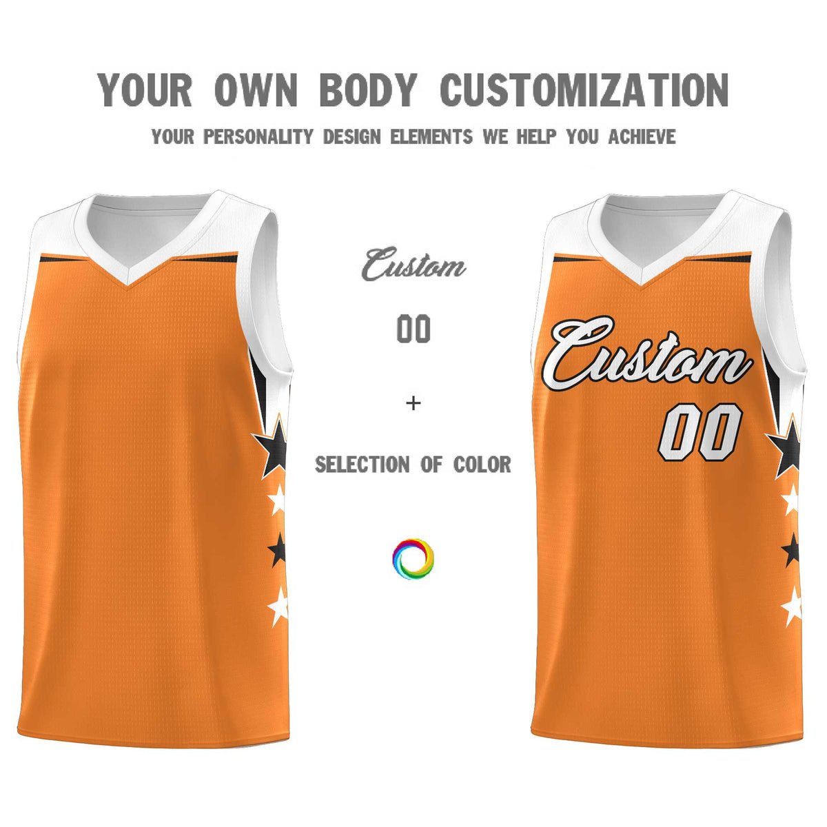 Custom Youth Basketball Uniform Gold Orange White Two Tone Side Star Add Name Number &amp; Logo