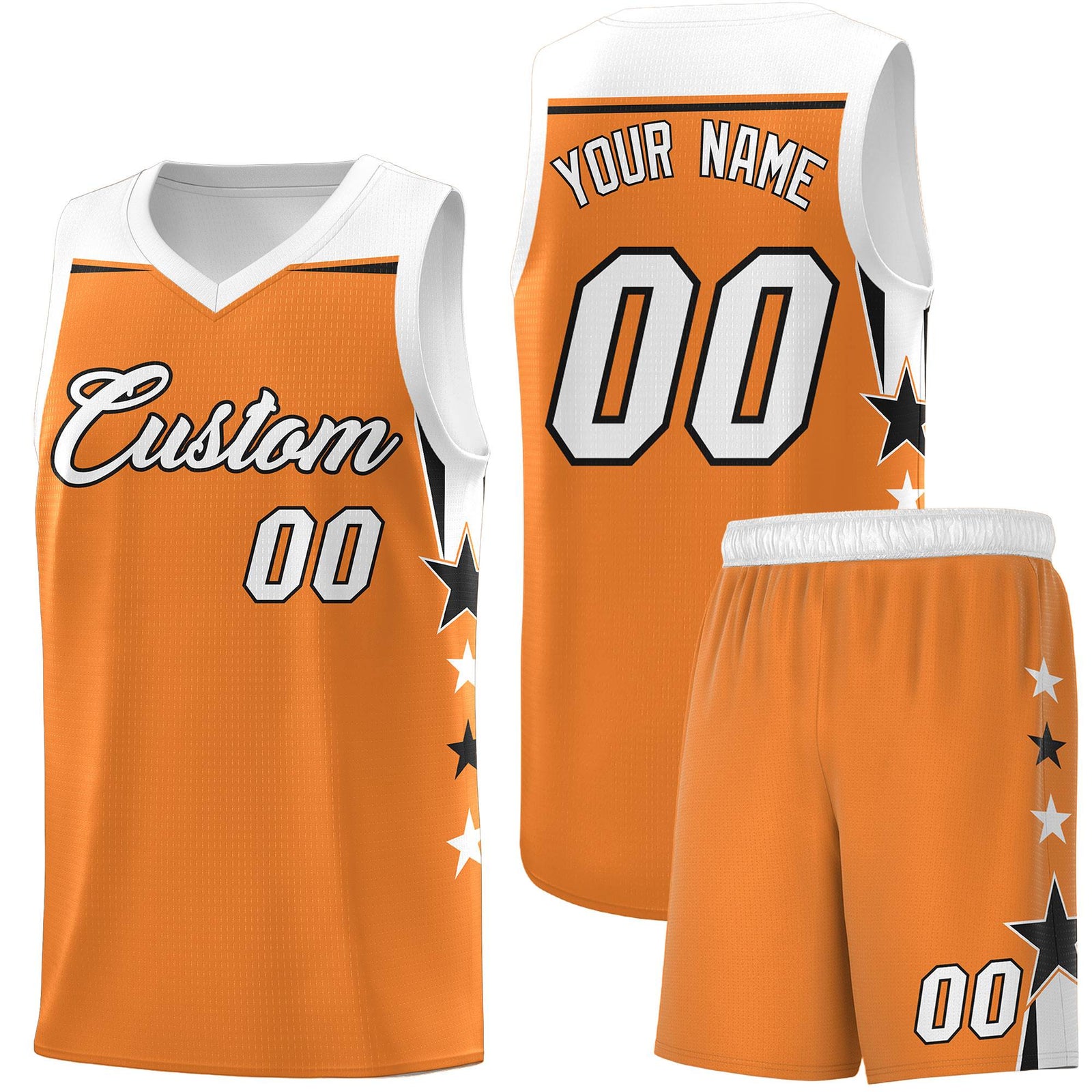 Custom Youth Basketball Uniform Gold Orange White Two Tone Side Star Add Name Number & Logo