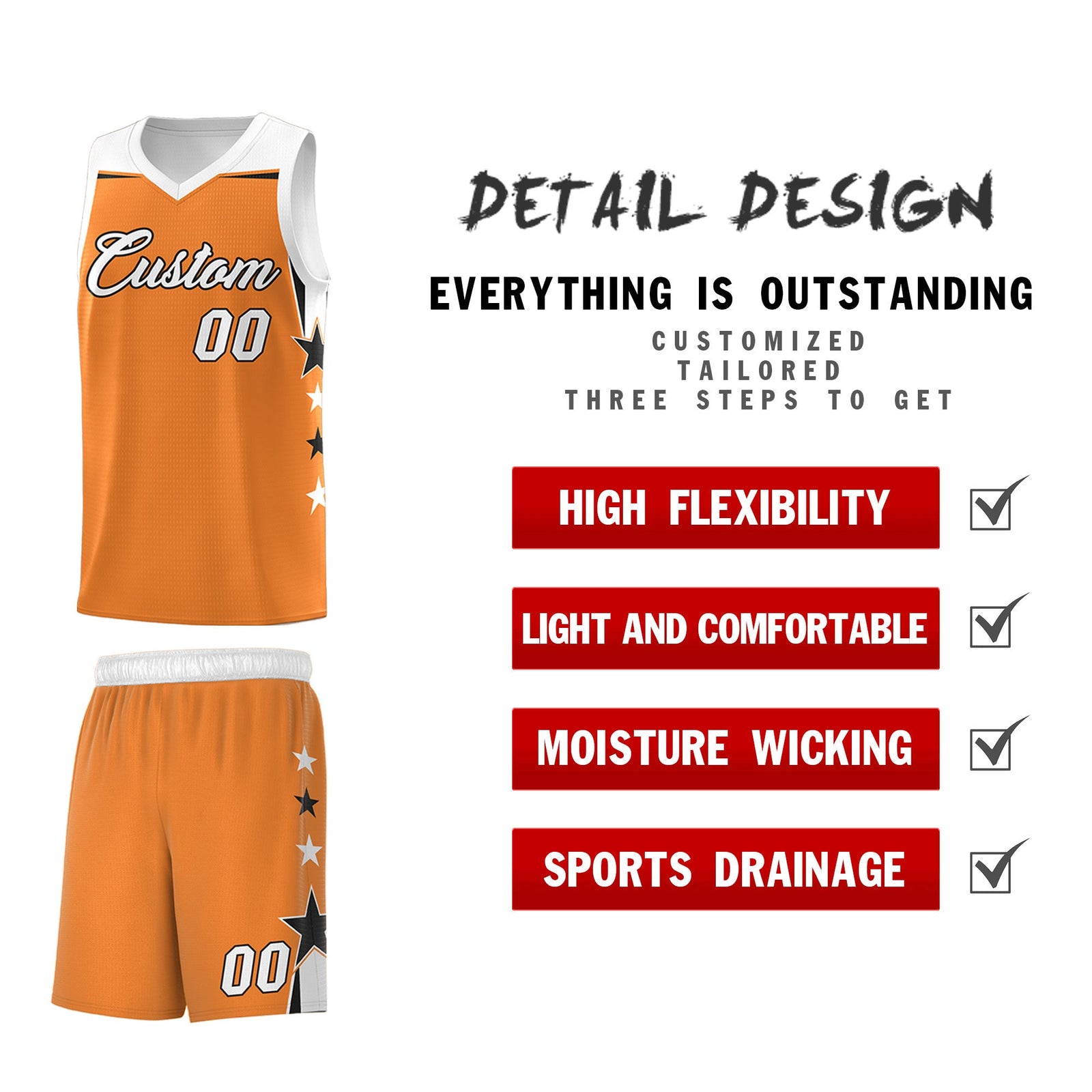 Custom Youth Basketball Uniform Gold Orange White Two Tone Side Star Add Name Number & Logo