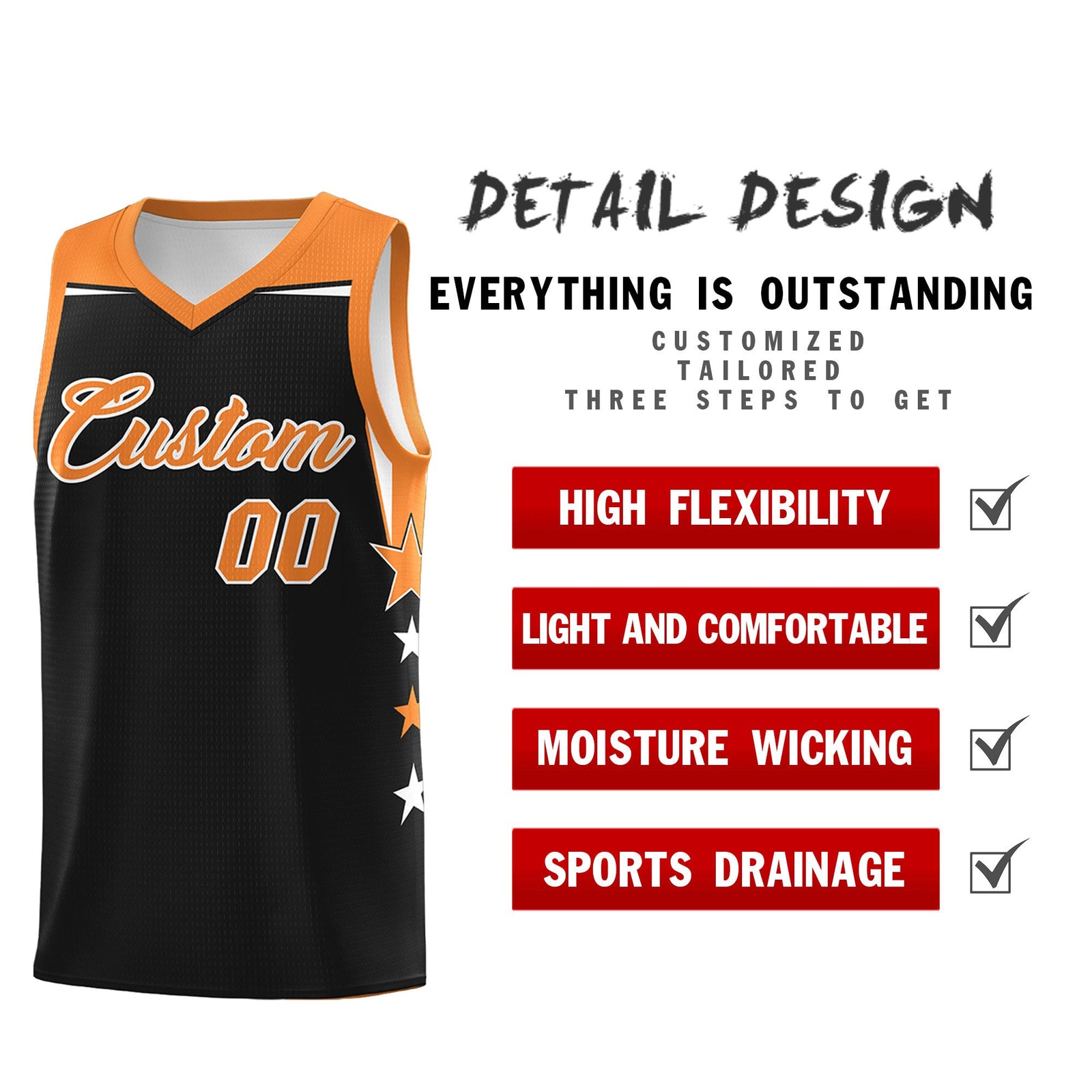 Custom Youth Basketball Uniform Black Gold Orange Two Tone Side Star Personalized Team Jersey