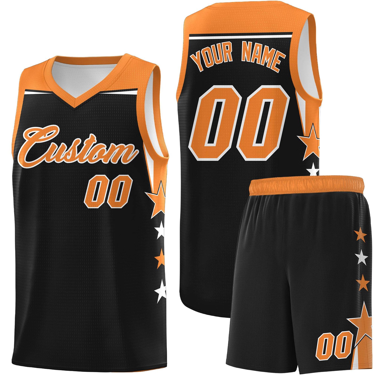 Custom Youth Basketball Uniform Black Gold Orange Two Tone Side Star Personalized Team Jersey