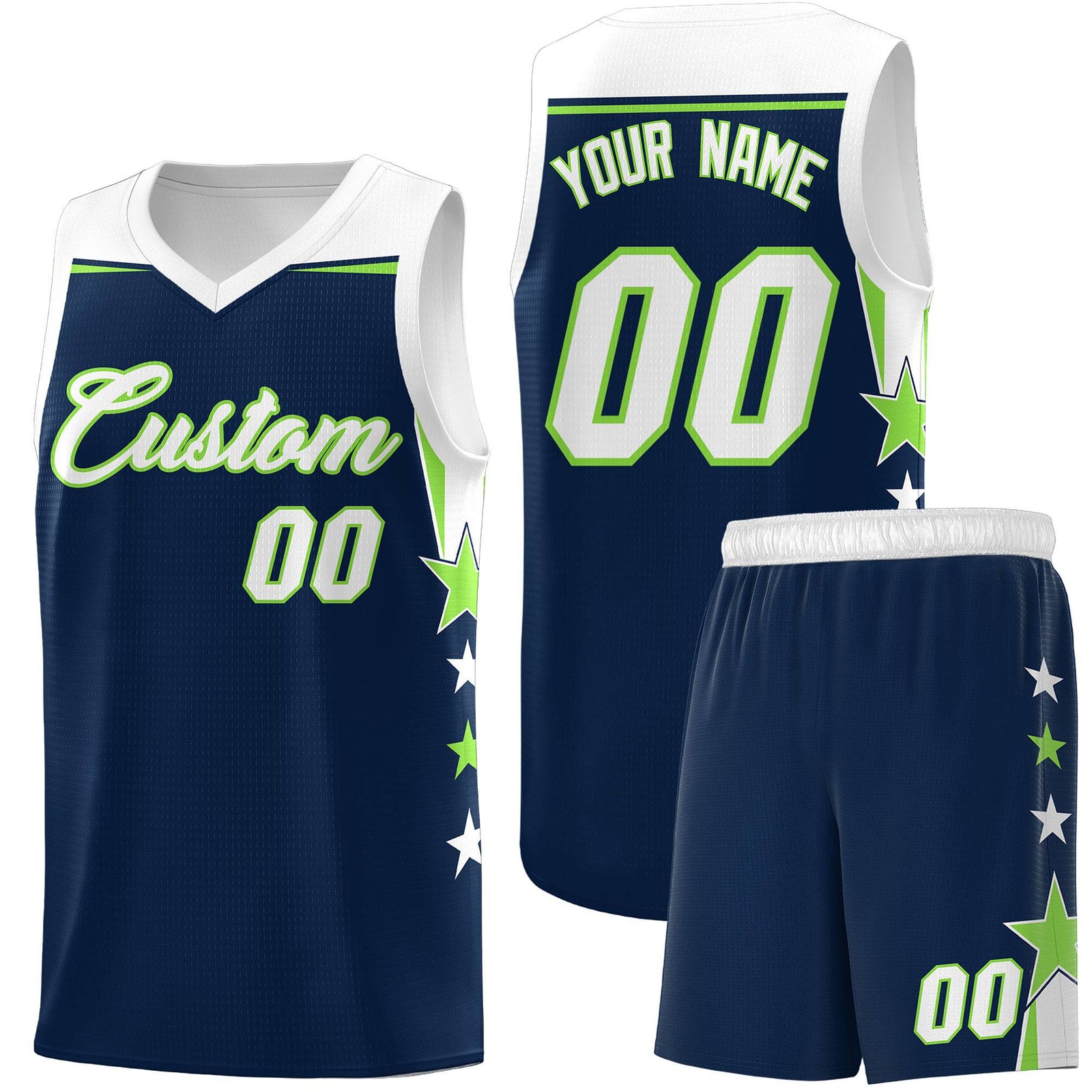 Custom Youth Basketball Uniform Navy White Two Tone Side Star Add Name Number & Logo